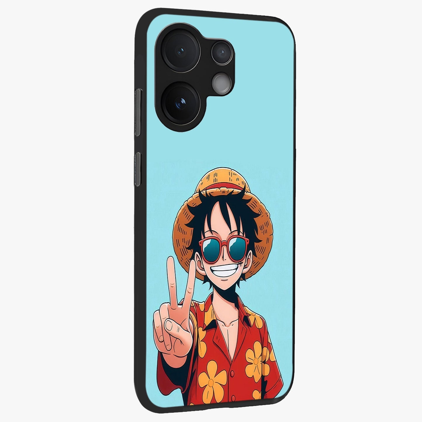 Luffy Summer Anime Vibe Glass Case upright view showcasing dynamic anime artwork with bright adventurous theme.
