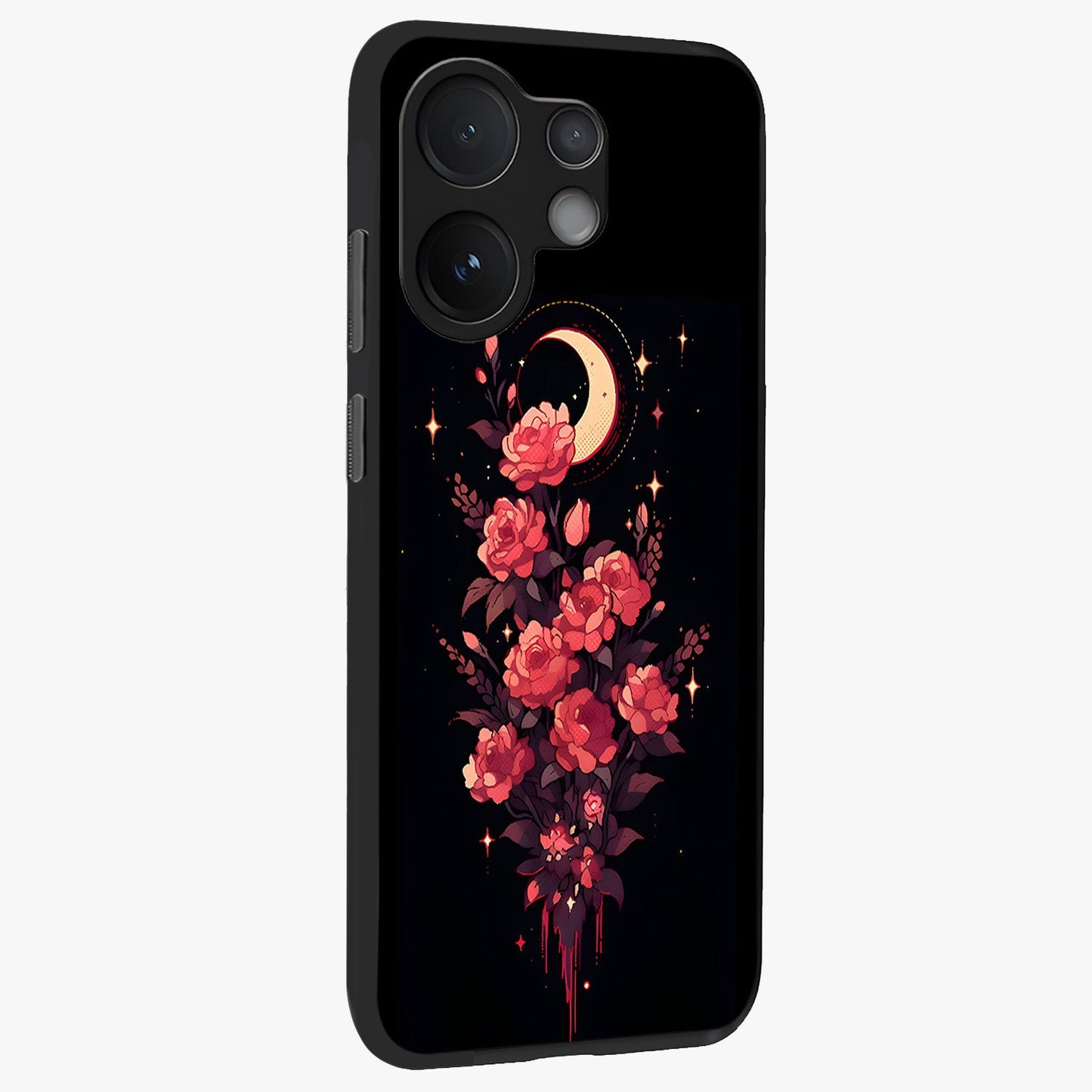 Moonlit Floral Elegance Glass Case upright view showcasing delicate floral artwork with refined night inspired theme.