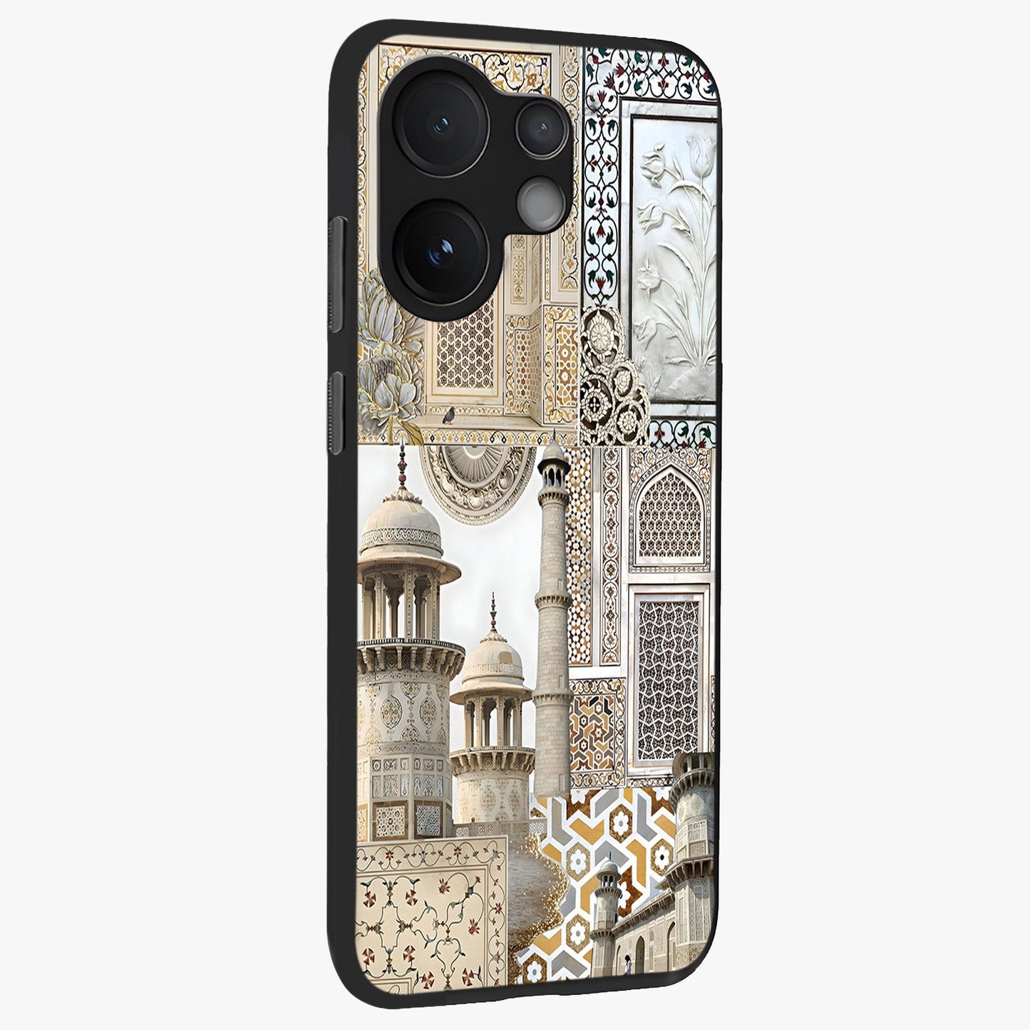 Mughal Marble Legacy Glass Case upright view showcasing ornate Mughal design with luxurious traditional theme.