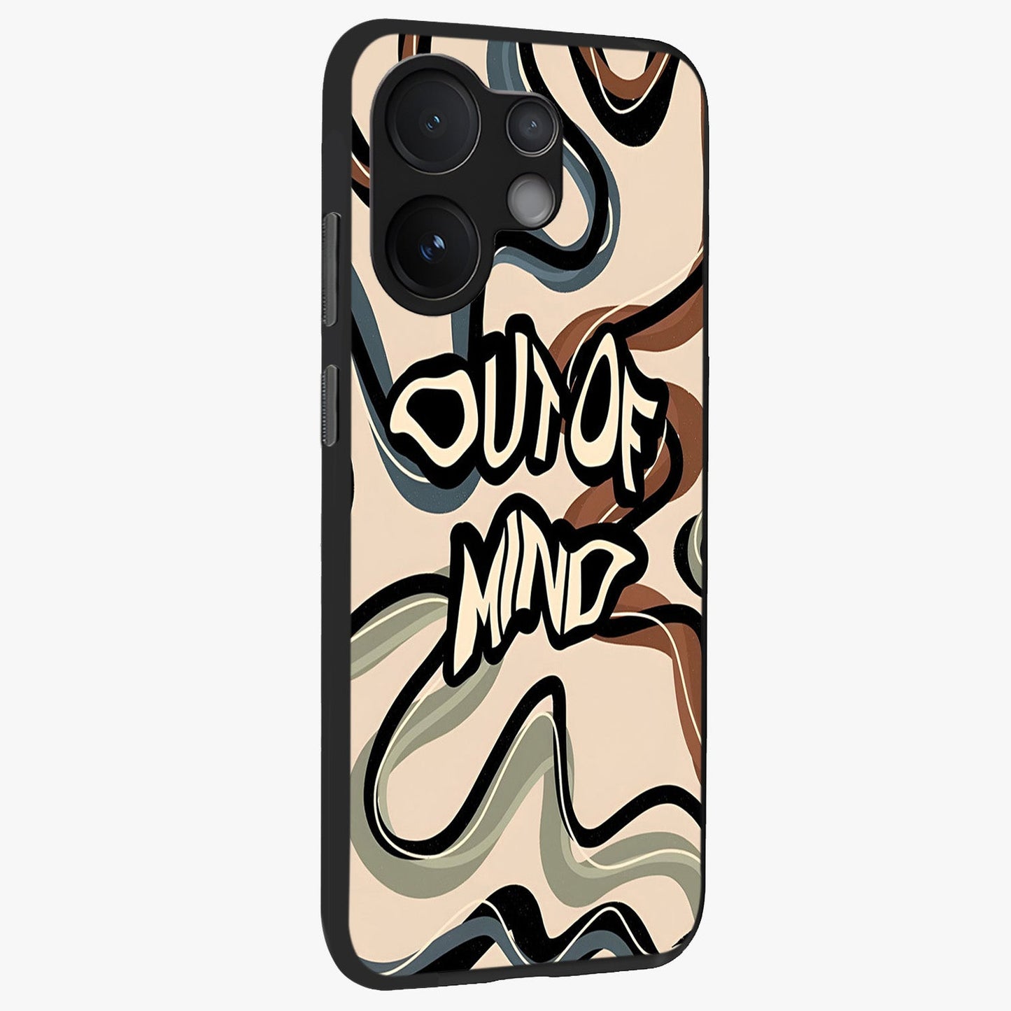 Out Of Mind Glass Case upright view showcasing striking typography artwork with edgy conceptual theme.