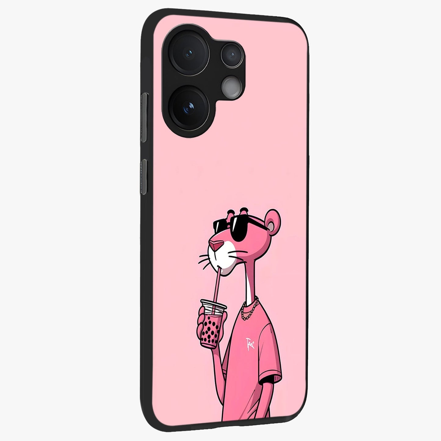 Pink Panther Glass Case upright view showcasing fun animated artwork with stylish retro cartoon theme.
