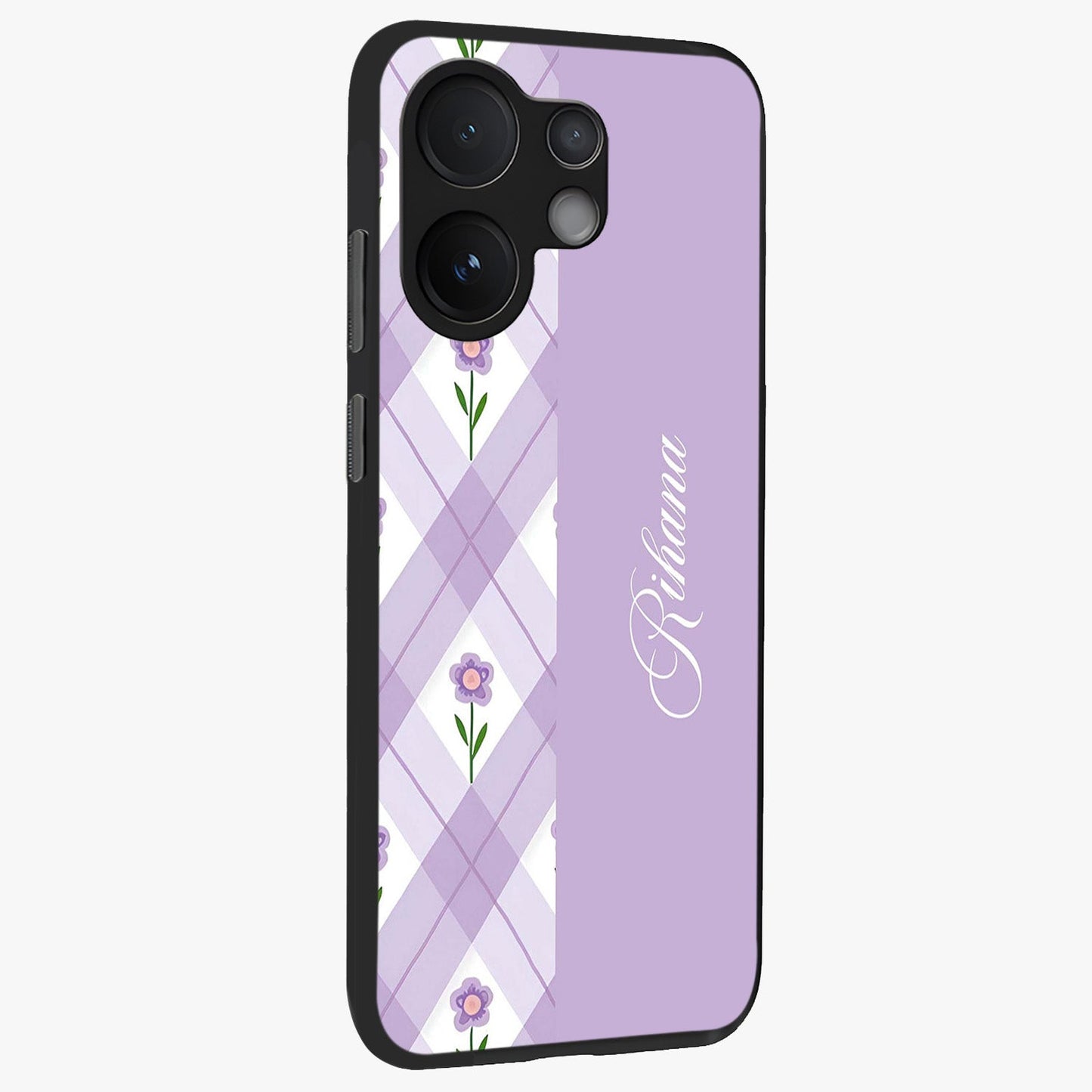 Purple Diamond Floral Glass Case upright view showcasing vibrant floral artwork with stylish geometric theme.