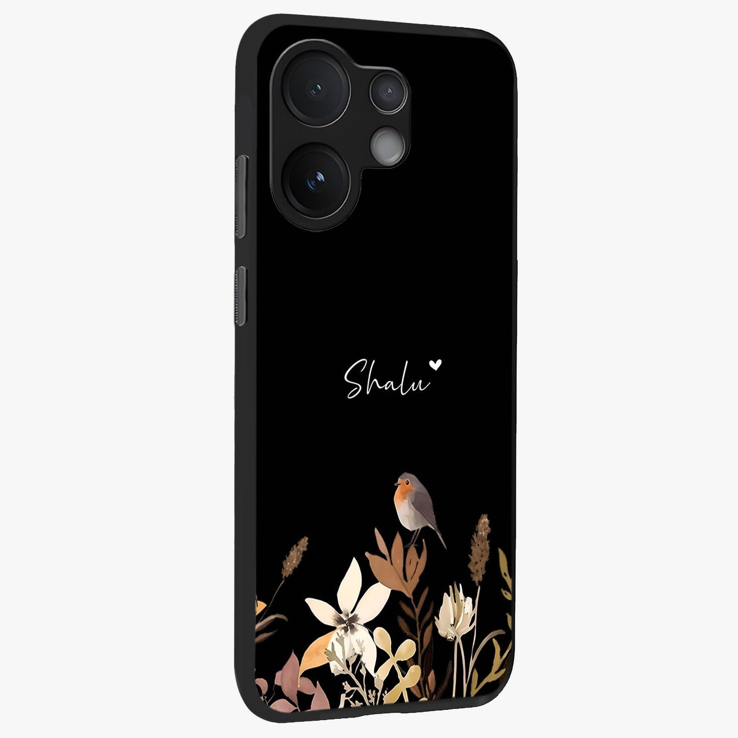 Quiet Garden Tune Custom Name Glass Case upright view showcasing serene botanical artwork with personalized aesthetic.