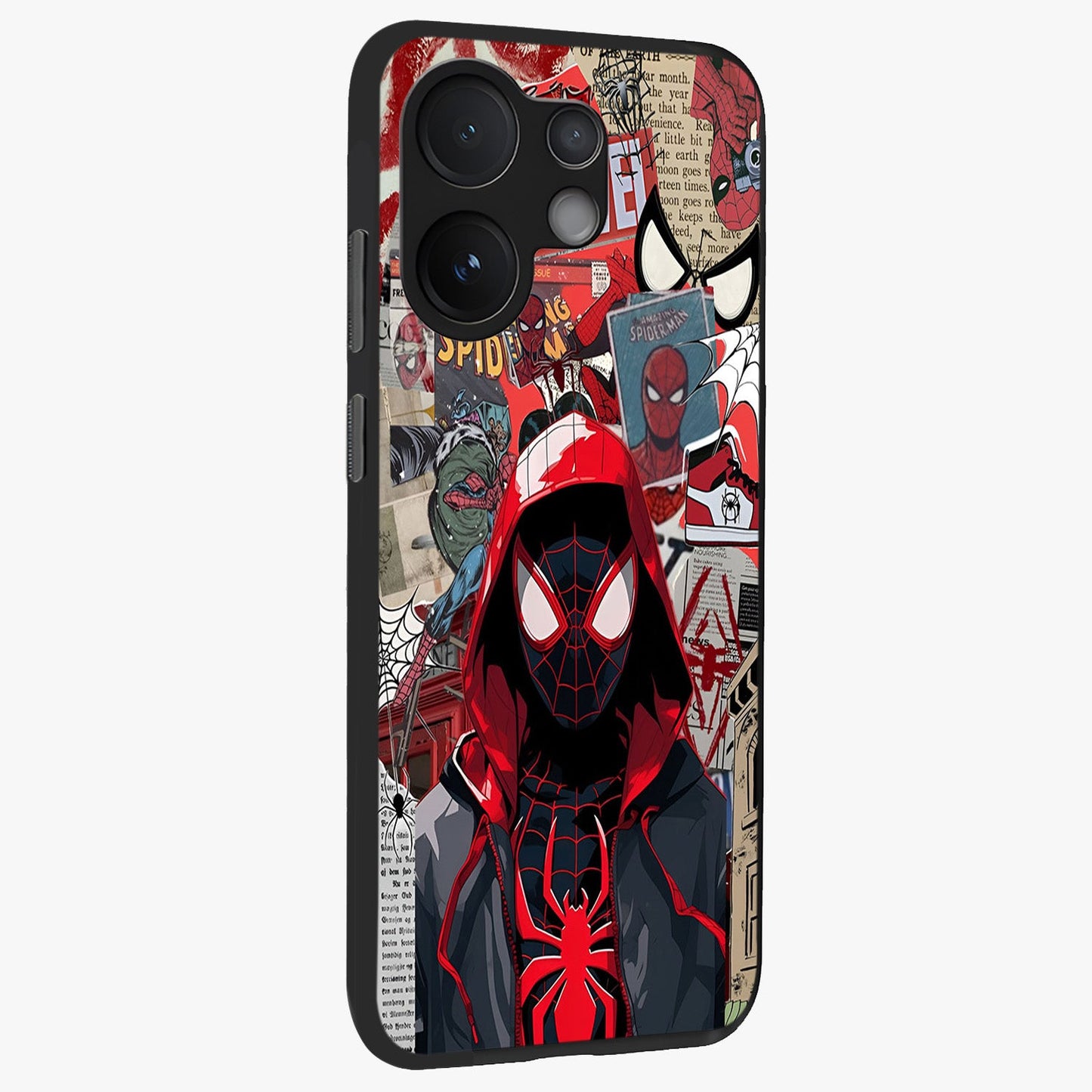Spider Collage Street Glass Case upright view showcasing bold superhero artwork with urban street theme.