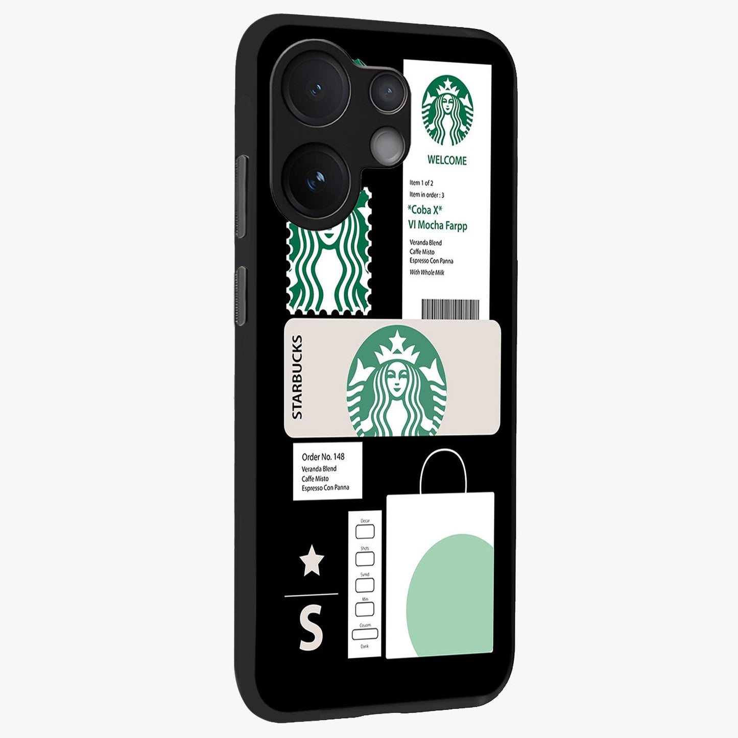 Starbucks Mocha Glass Case upright view showcasing trendy coffee inspired artwork with modern lifestyle theme.
