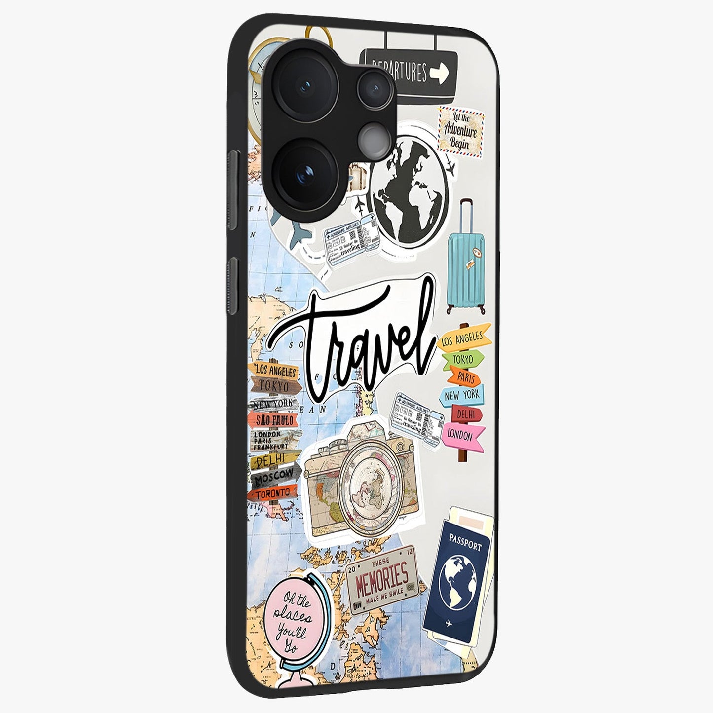 Wanderlust Journal Glass Case upright view showcasing wanderlust inspired artwork with creative exploration theme.