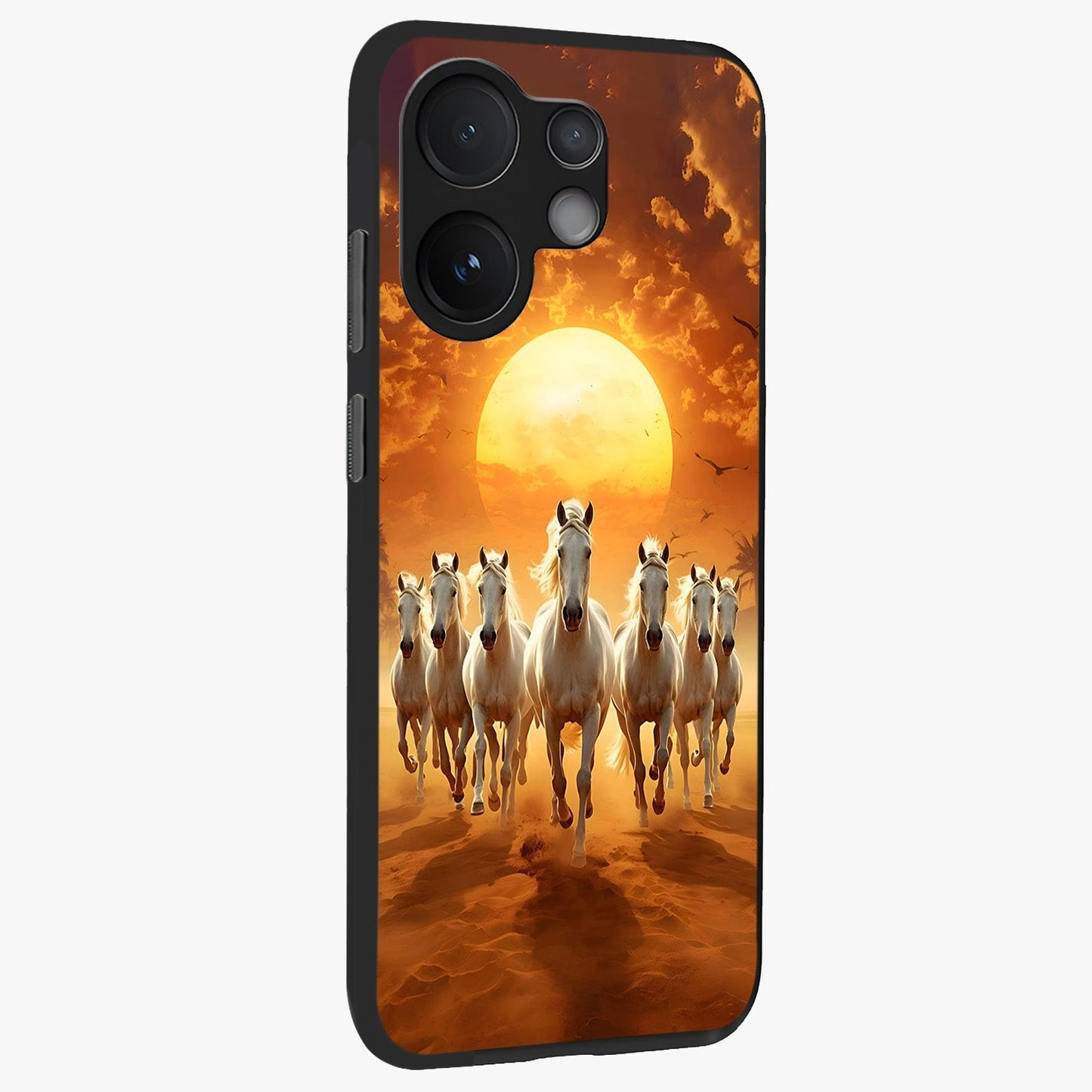 Wild Sunset Majesty Glass Case upright view showcasing dramatic sunset artwork with bold nature theme.