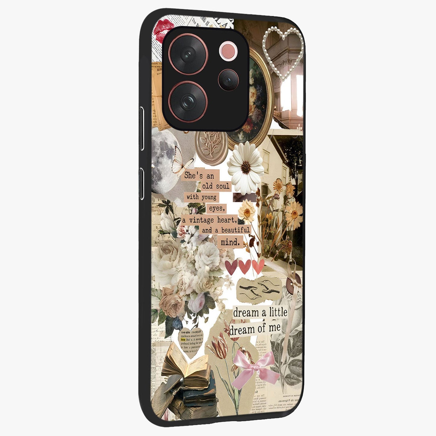 Aesthetic Brown Vintage Collage Glass Case upright view showcasing nostalgic retro artwork with stylish vintage theme.