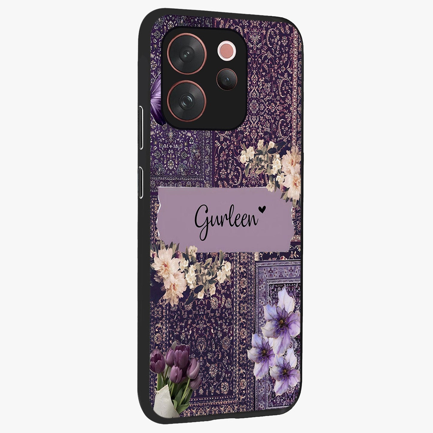 Antique Floral Whisper Custom Name Glass Case upright view showcasing delicate floral artwork with custom name feature.