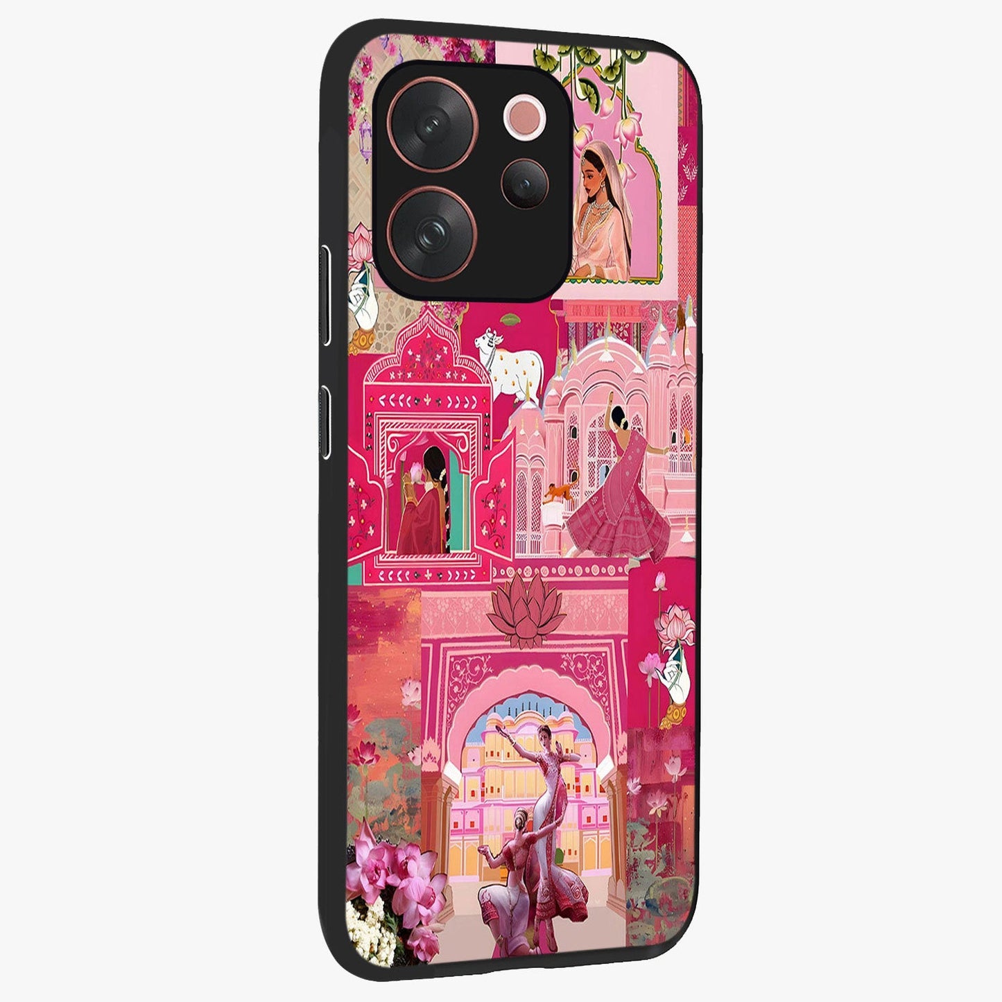 Blossoms of Rajasthan Glass Case upright view showcasing colorful floral design inspired by traditional Indian art.