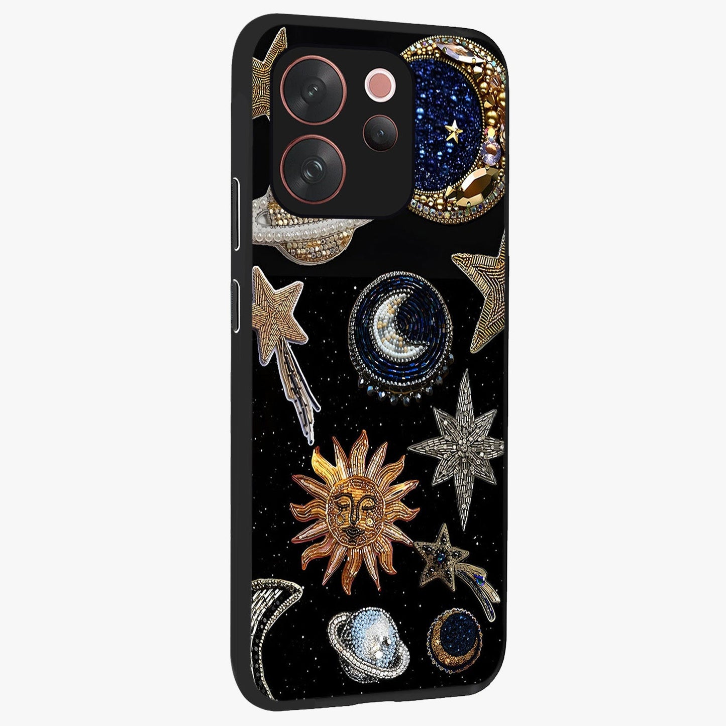 Celestial Gem Constellations Glass Case upright view showcasing cosmic constellation artwork with celestial aesthetic style.
