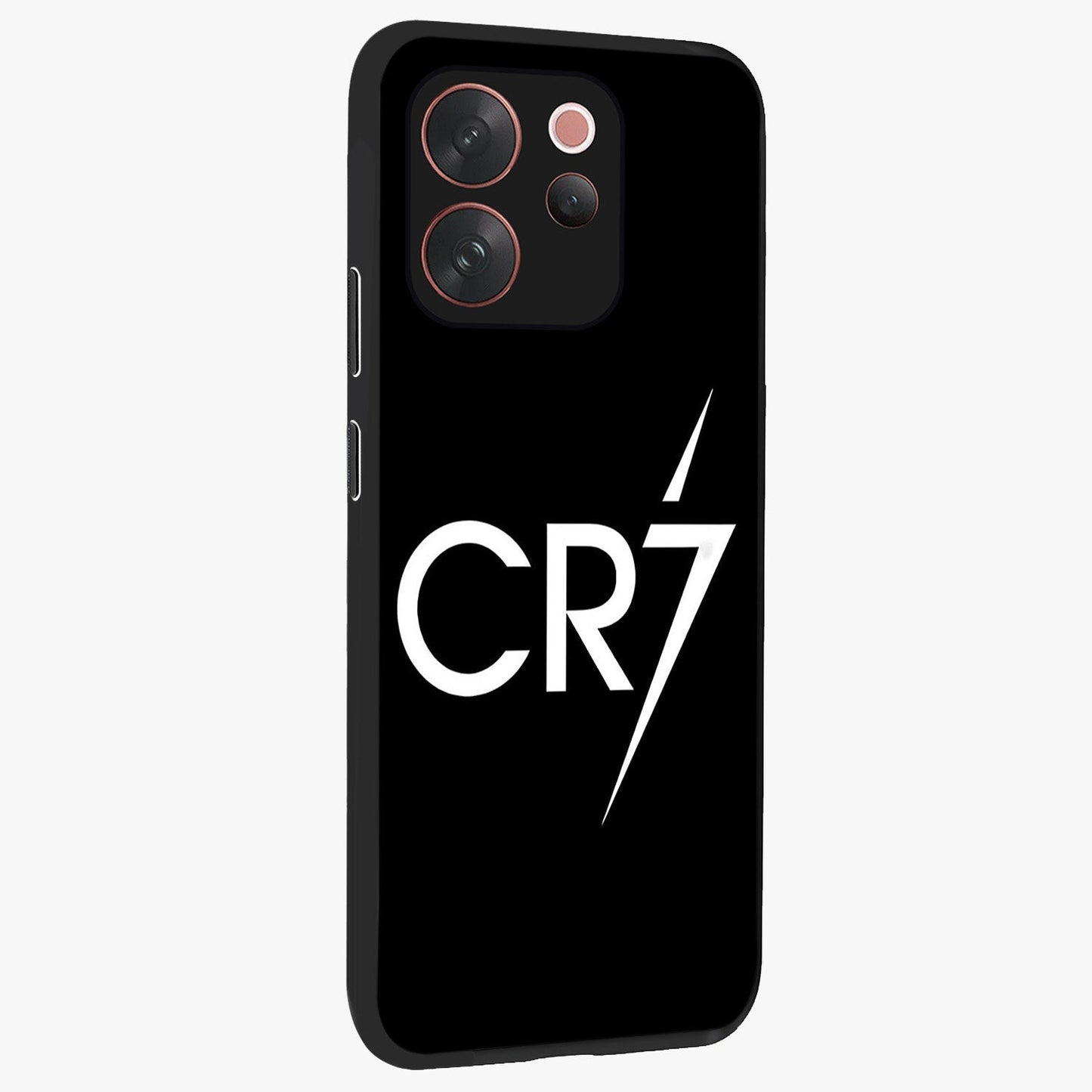 Cr7 Elite Strike Glass Case upright view showcasing energetic football inspired design with modern sports aesthetic.
