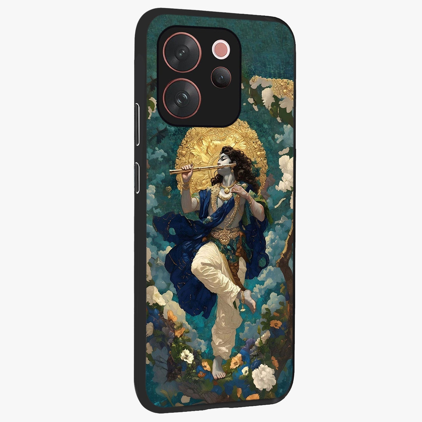 Divine Krishna Art Glass Case upright view showcasing divine Krishna artwork with sacred artistic theme.