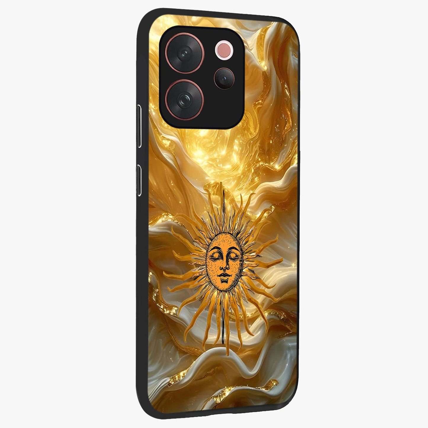Eternal Golden Glow Glass Case upright view showcasing luminous golden artwork with luxurious visual theme.