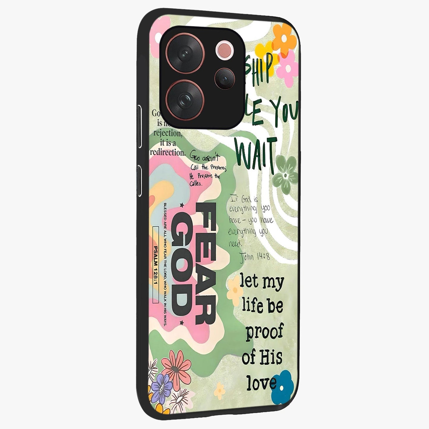 Faith Over Fear Glass Case upright view showcasing bold typography artwork with uplifting motivational theme.