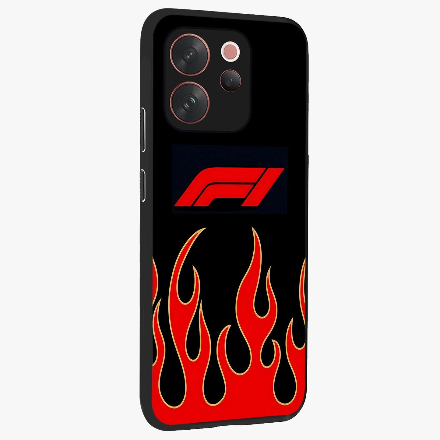 Fire F11 Glass Case upright view showcasing dynamic flame artwork with intense visual theme.