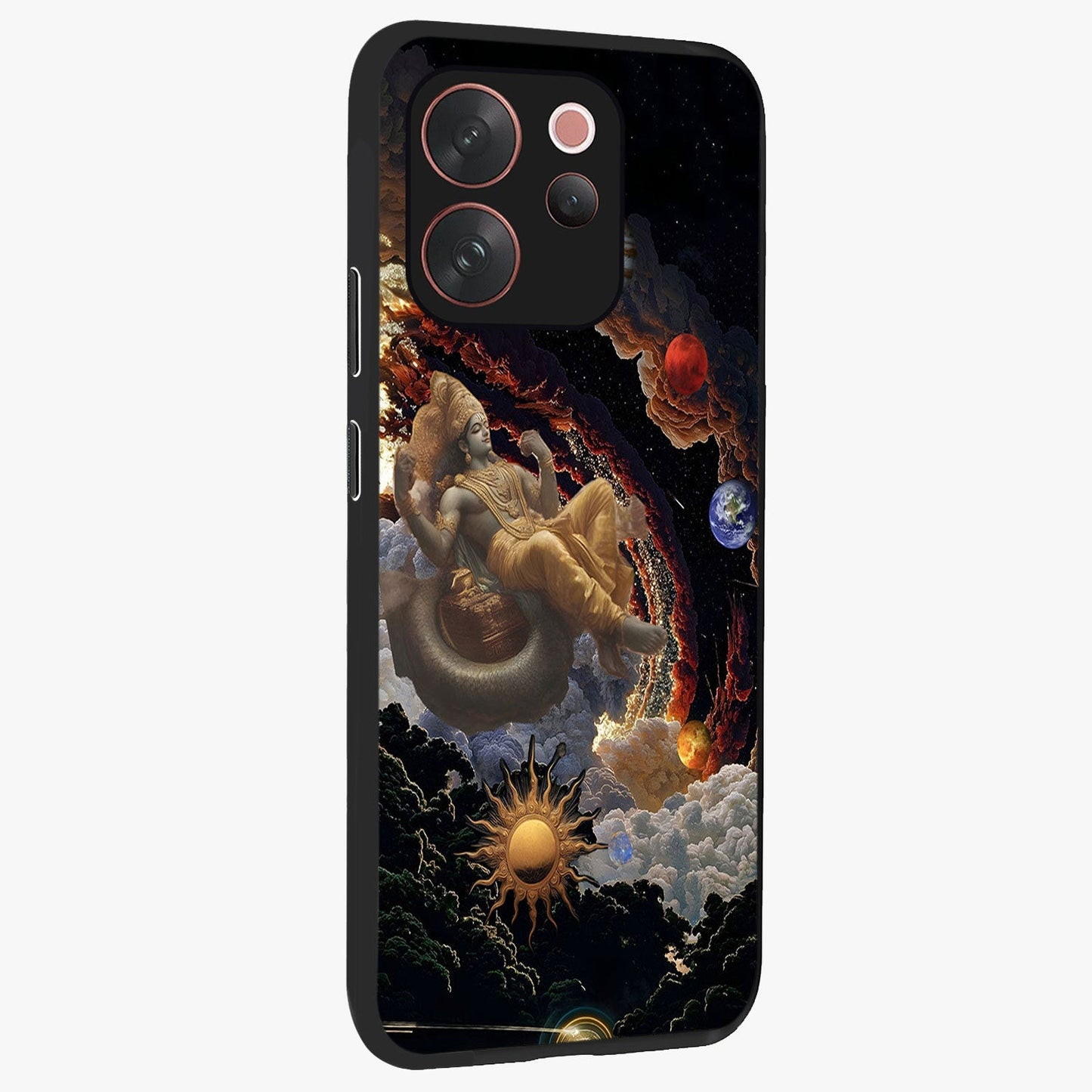 Galactic Divine God Glass Case upright view showcasing mystical divine artwork with dramatic cosmic theme.