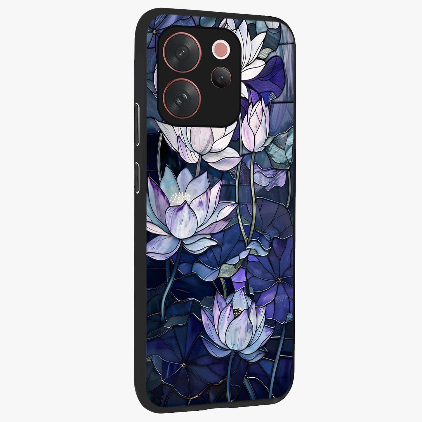 Gloss Petal Rush Glass Case upright view showcasing dynamic floral petal artwork with modern botanical theme.