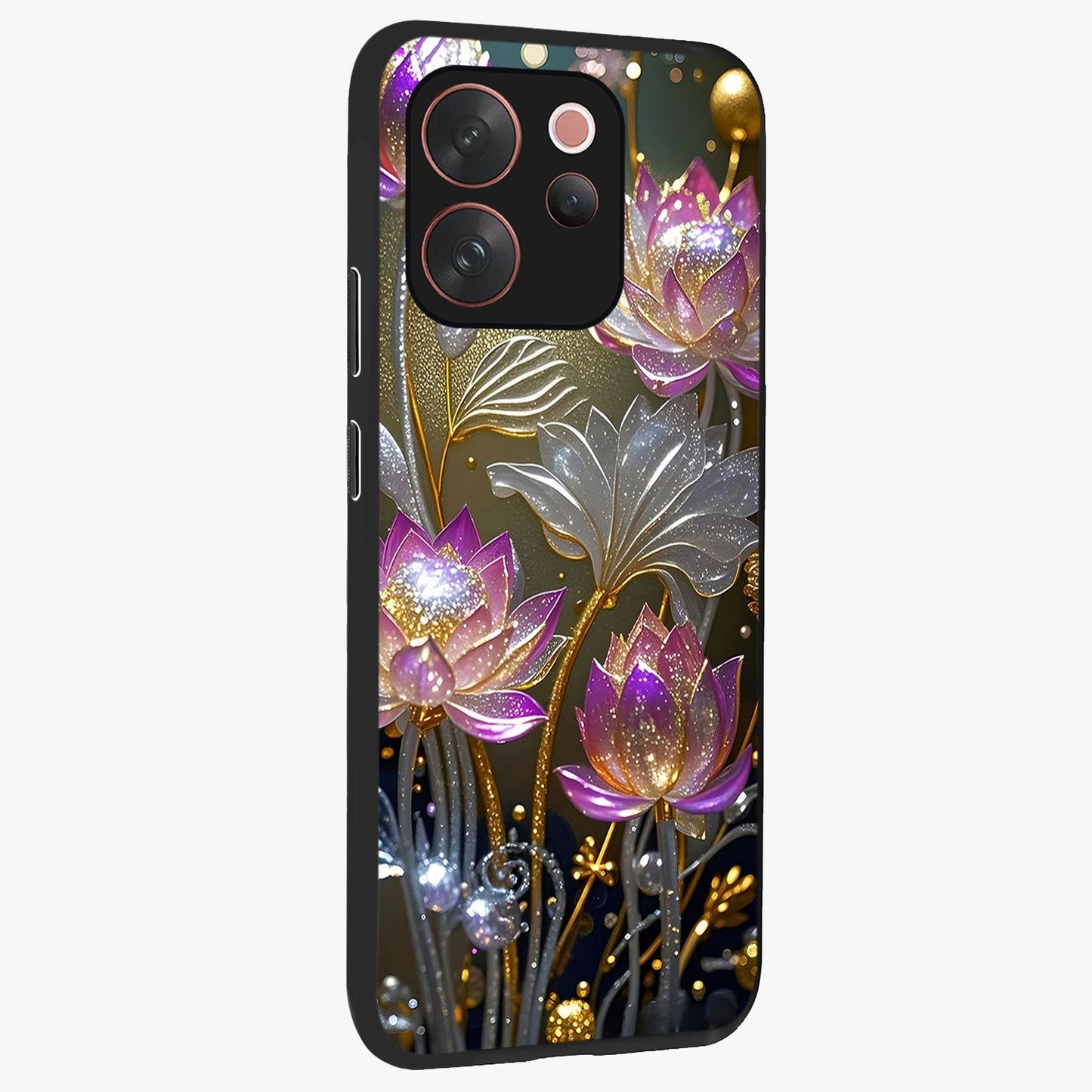 Golden Floral Majesty Glass Case upright view showcasing majestic floral artwork with rich decorative theme.