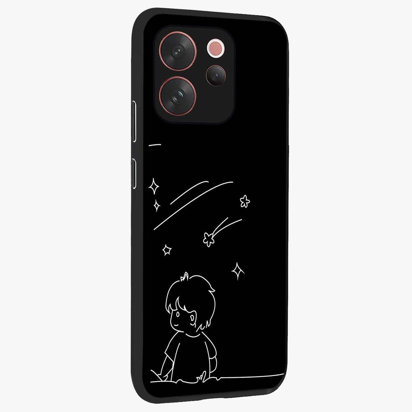 Line Art Boy With Shooting Stars Glass Case upright view showcasing artistic shooting star illustration with minimal style.