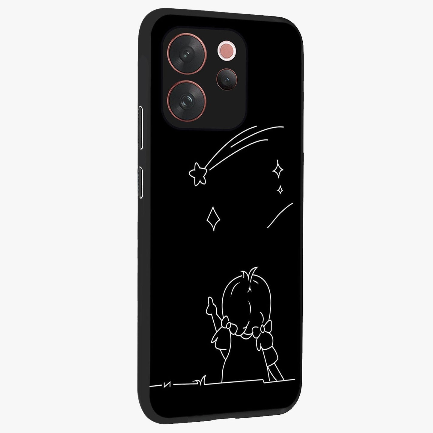 Line Art Girl With Shooting Stars Glass Case upright view showcasing delicate shooting stars artwork with minimal artistic theme.