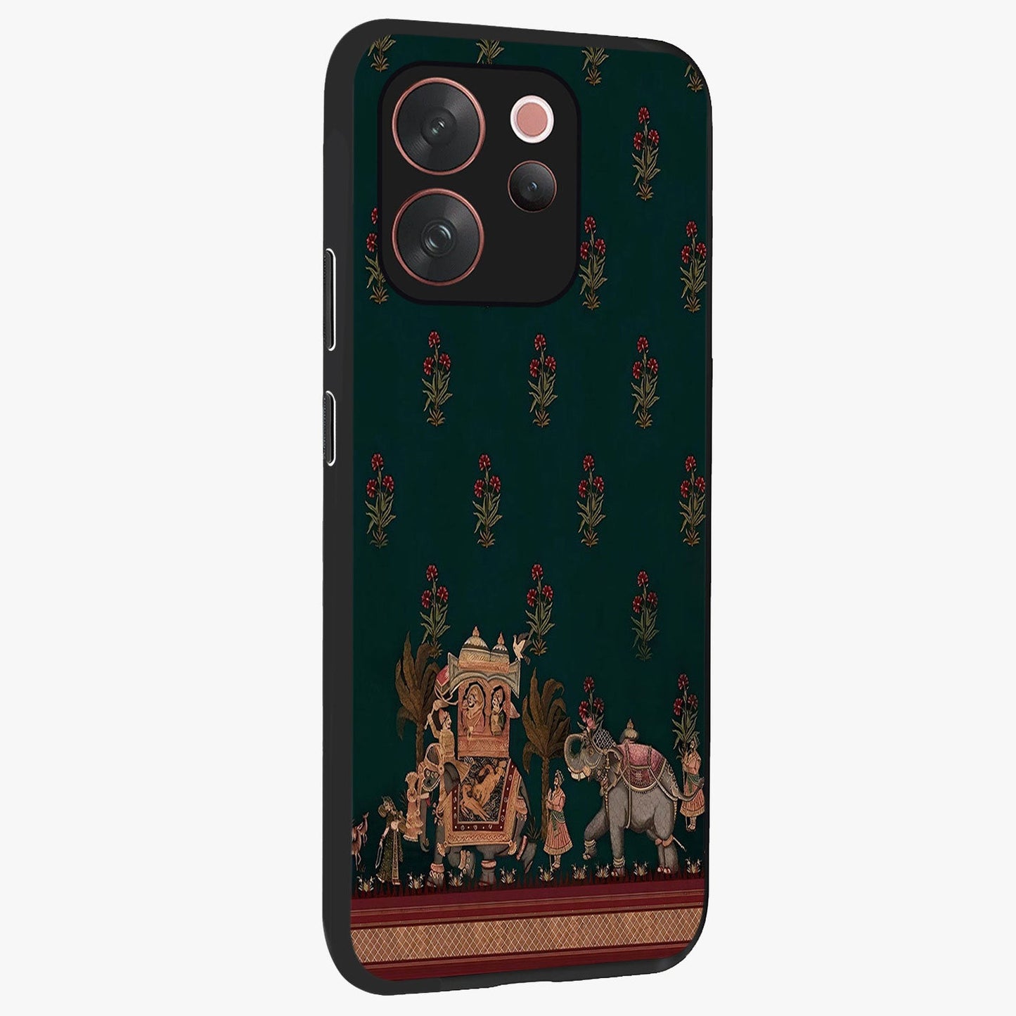 Macmerise Glass Case upright view showcasing bold artistic artwork with contemporary design theme.