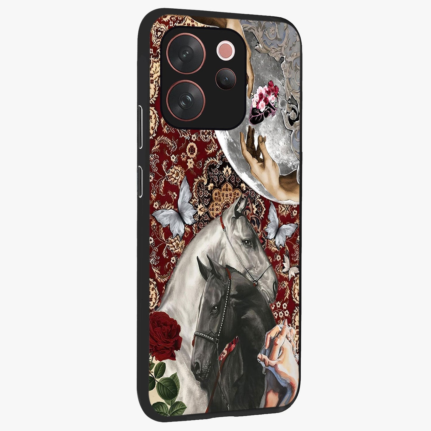 Moonlit Royal Stallion Glass Case upright view showcasing dramatic horse artwork with glowing moon themed design.