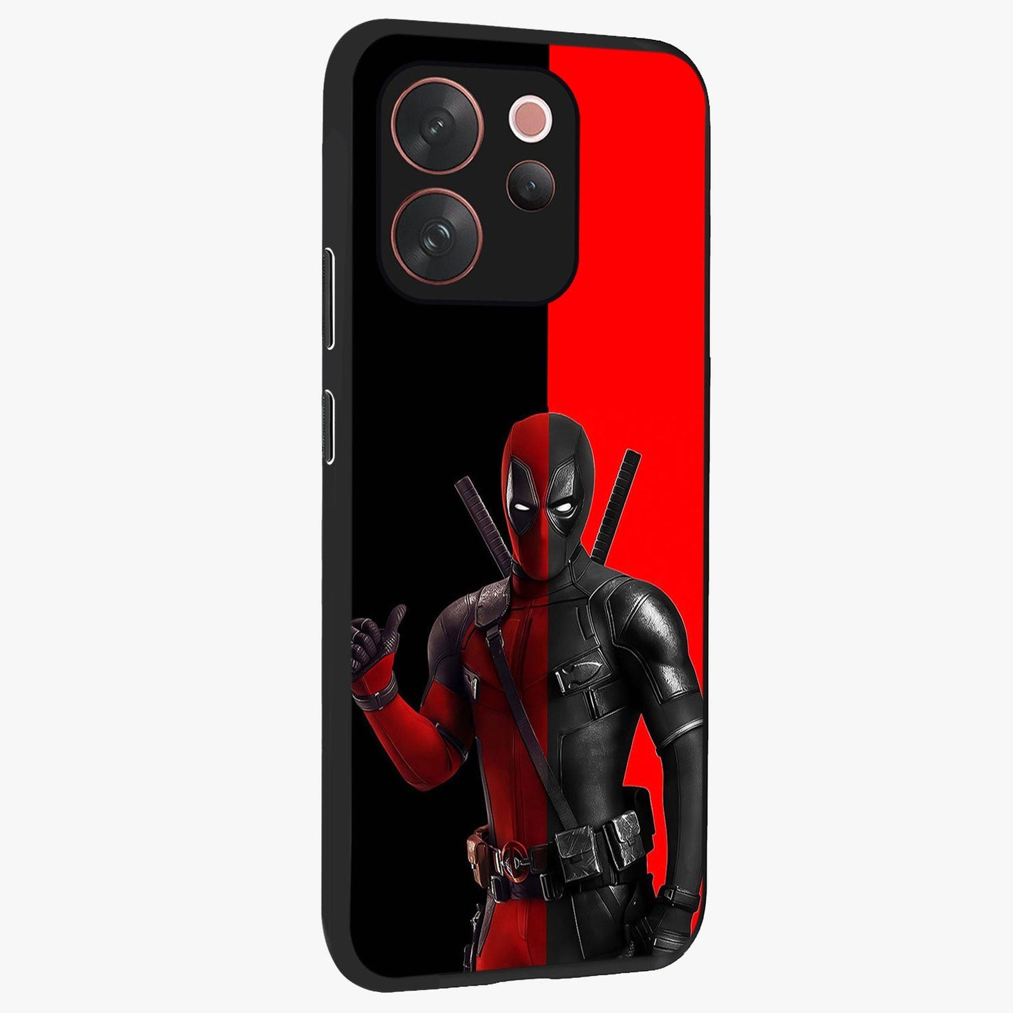 Red & Black Deadpool Theme Glass Case upright view showcasing energetic comic themed artwork with striking red and black design.