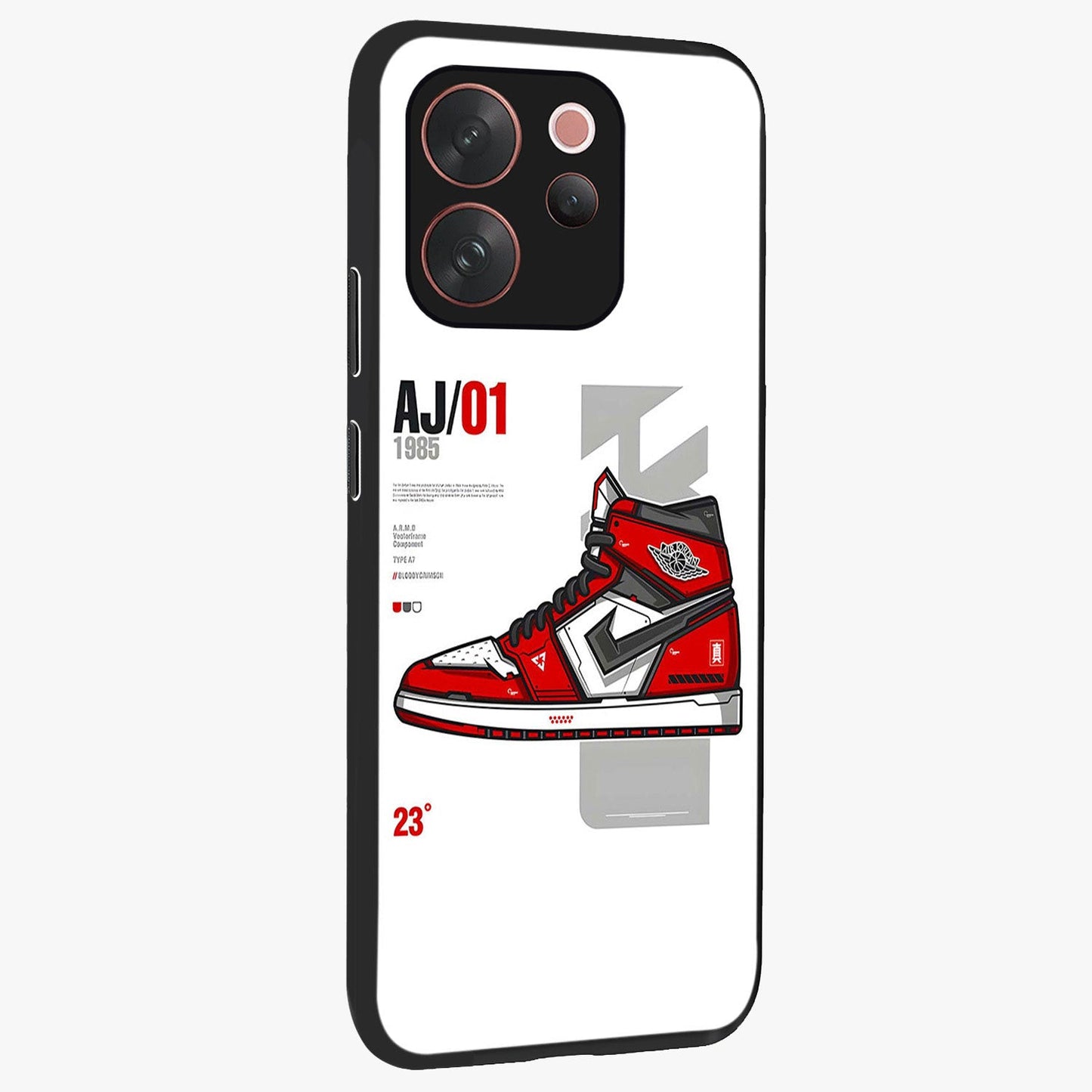 Retro Sneaker Blueprint Glass Case upright view showcasing stylish sneaker illustration with vintage streetwear theme.