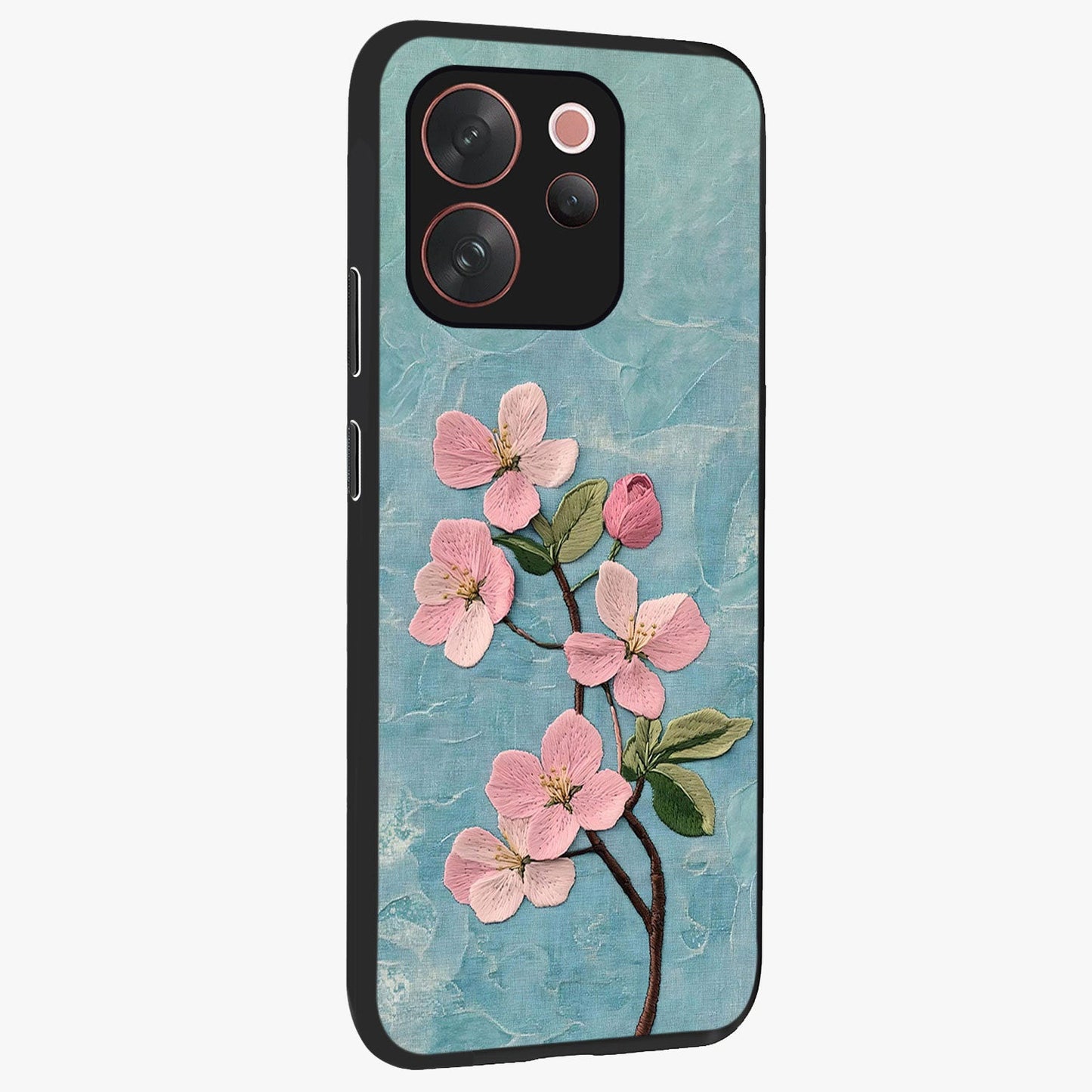 Threaded Blossom Breeze Glass Case upright view showcasing graceful flower artwork with calm botanical theme.