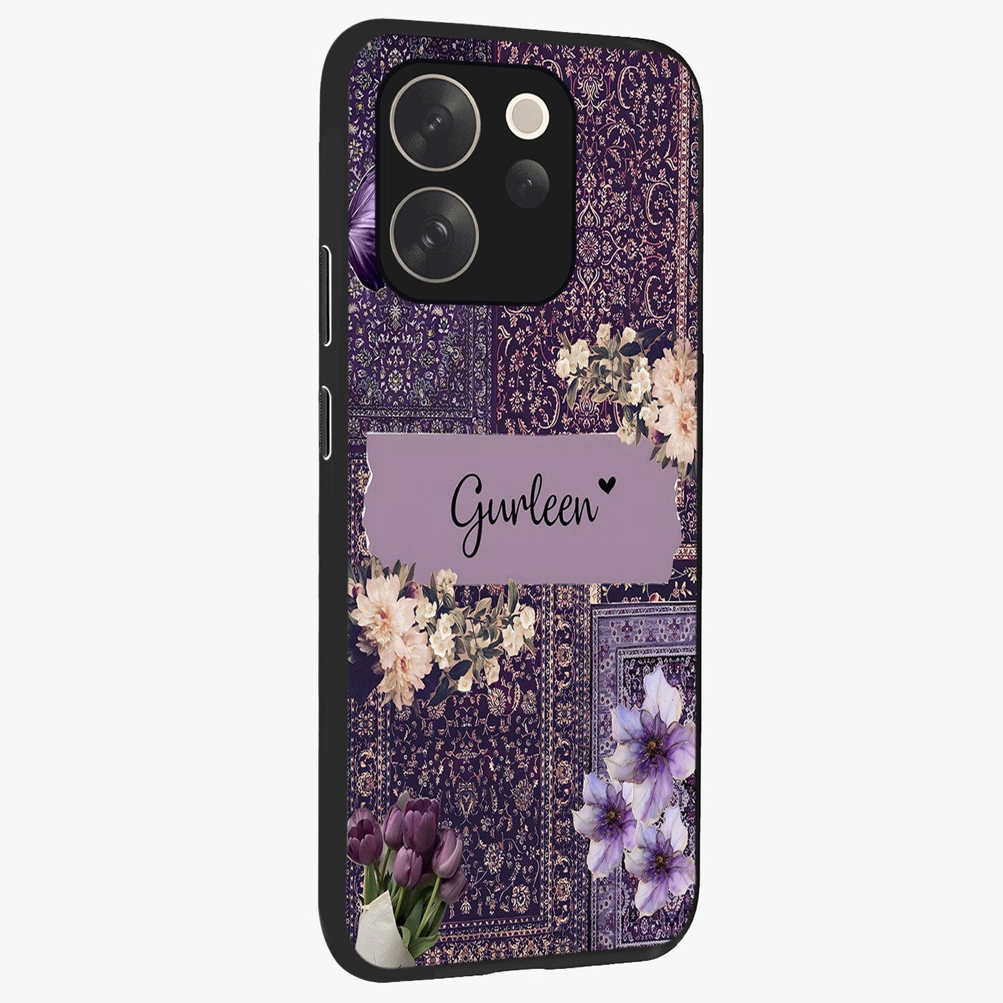 Antique Floral Whisper Custom Name Glass Case upright view showcasing delicate floral artwork with custom name feature.