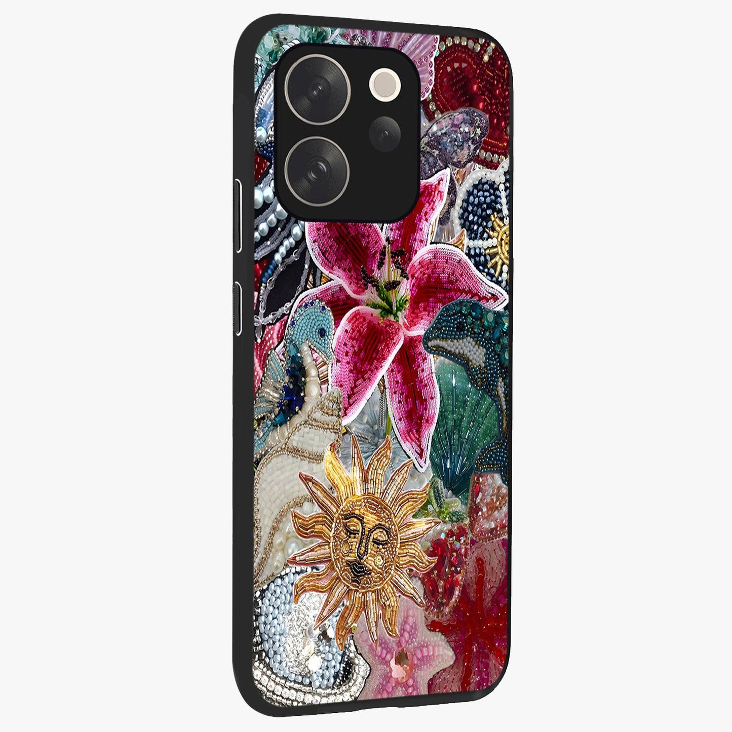Beaded Garden Fantasy Glass Case upright view showcasing whimsical garden aesthetic with artistic bead details.