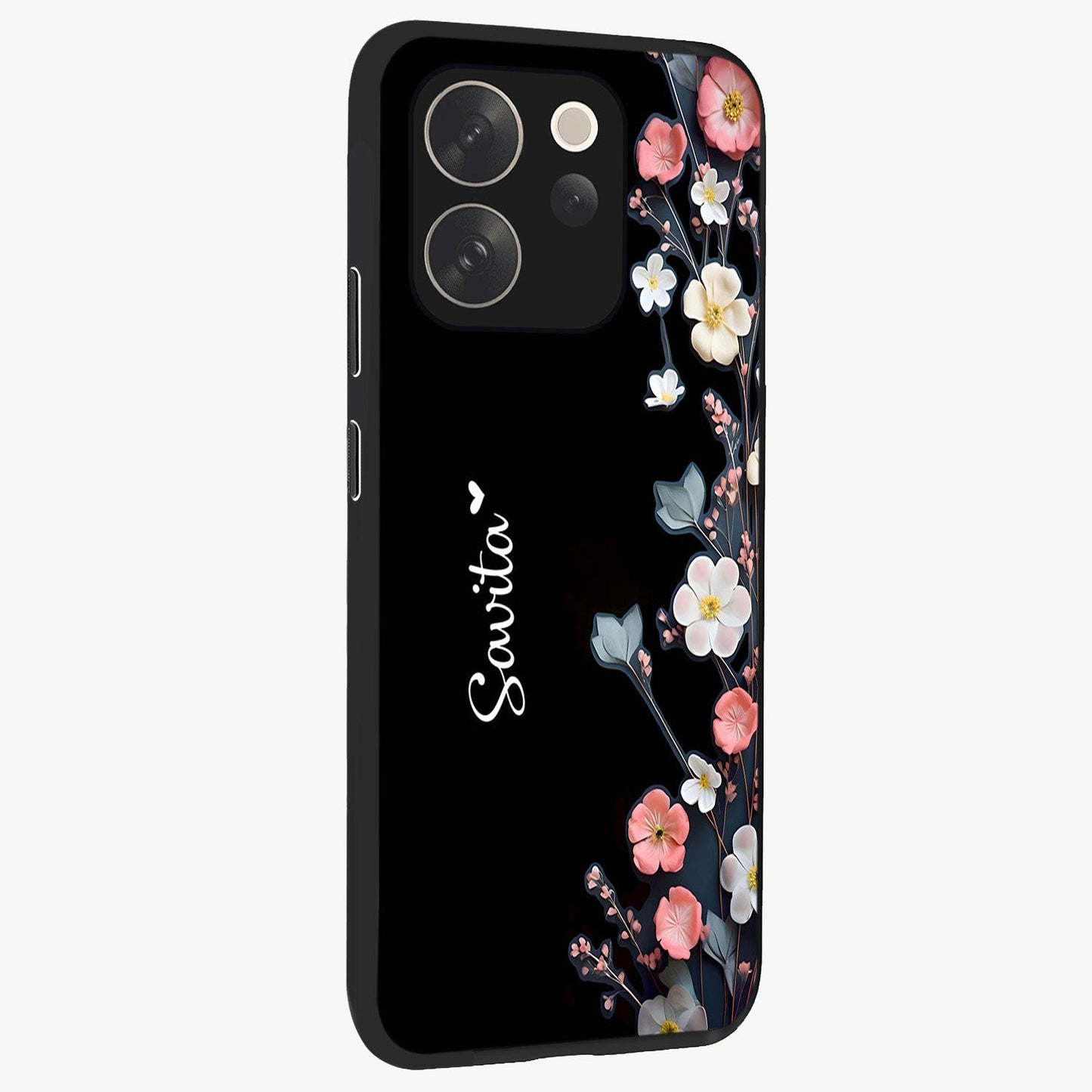 Black Elegance Floral Custom Name Glass Case upright view showcasing luxurious black floral design with personalized name detail.