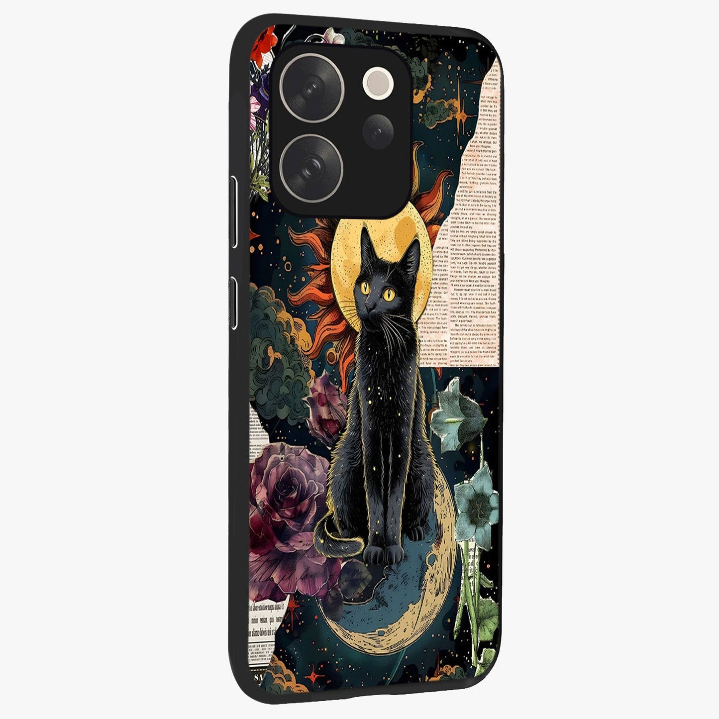 Celestial Black Cat Glass Case upright view showcasing magical black cat illustration with starry cosmic theme.