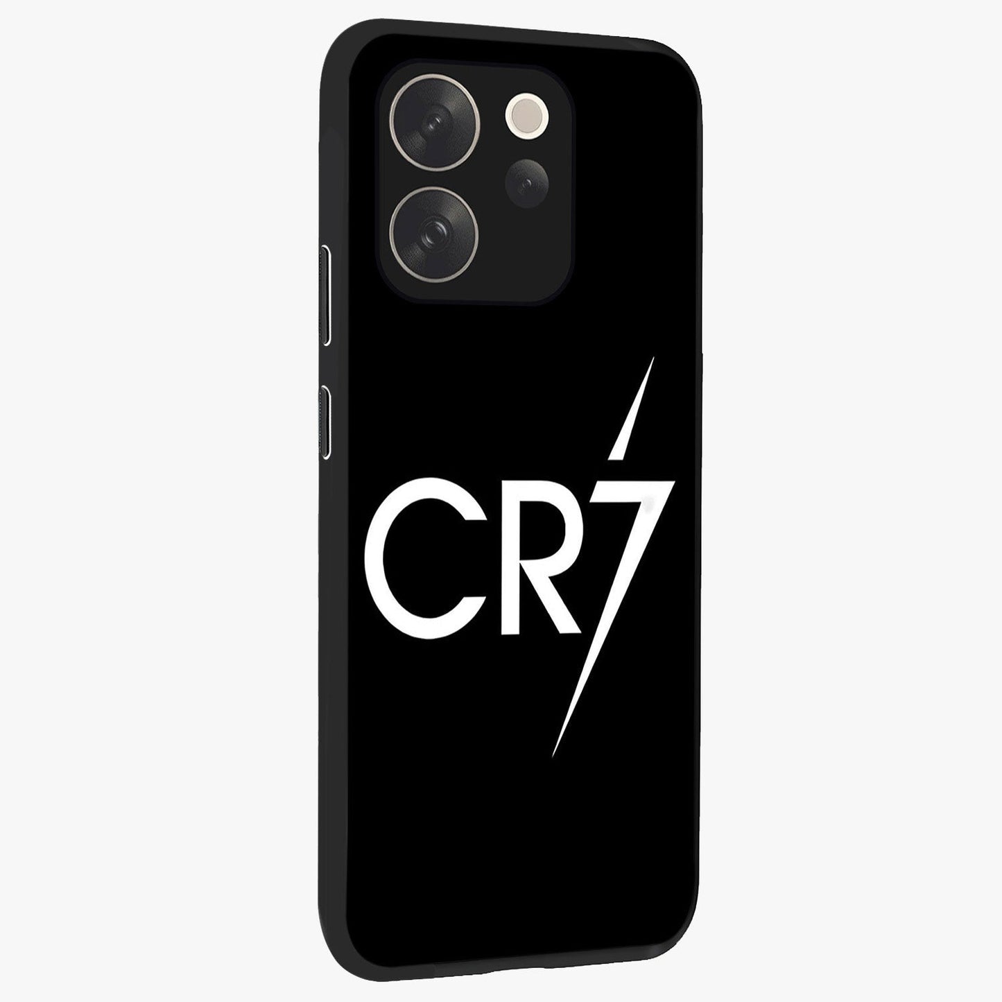 Cr7 Elite Strike Glass Case upright view showcasing energetic football inspired design with modern sports aesthetic.