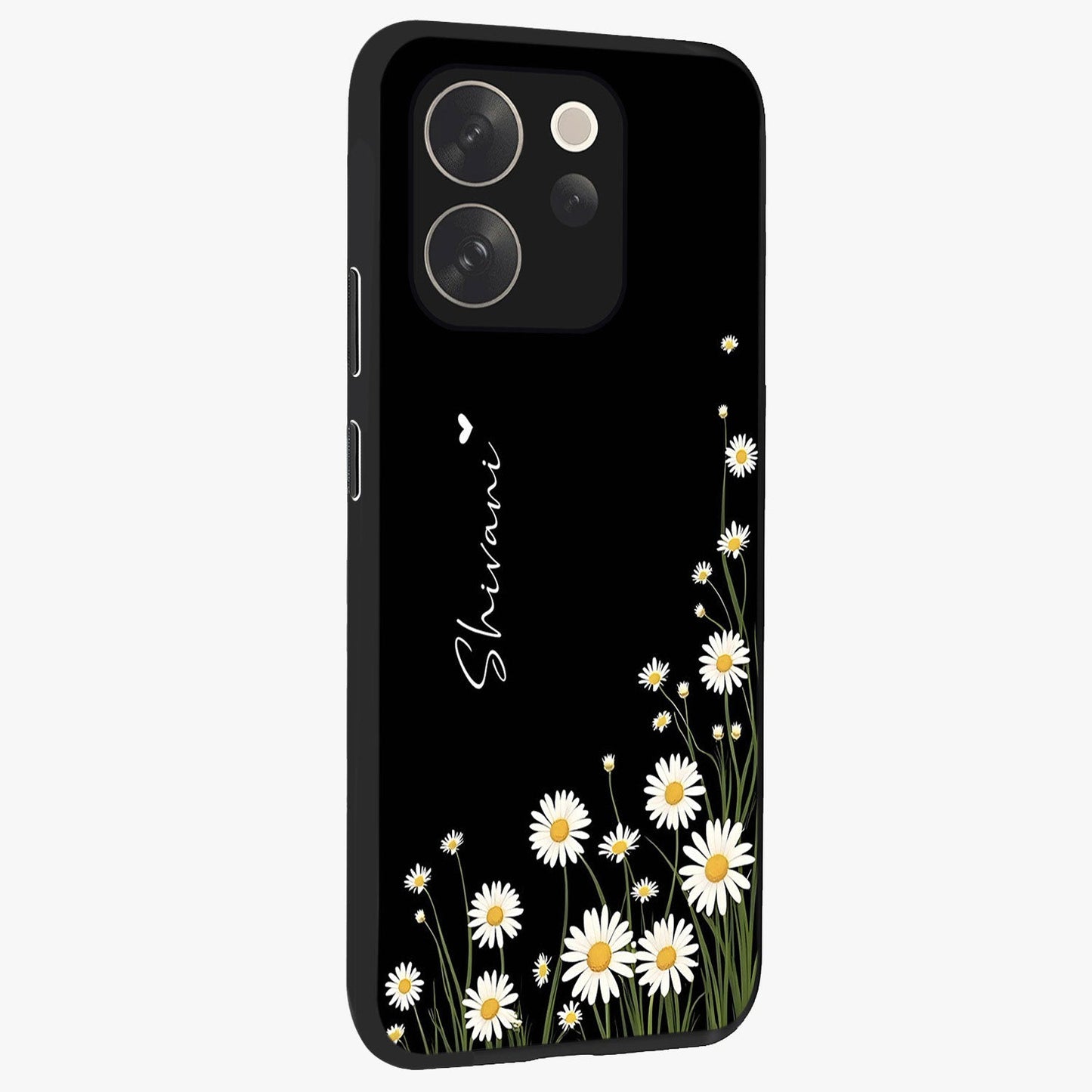 Daisy Cascade Custom Name Glass Case upright view showcasing elegant floral cascade design with personalized aesthetic.