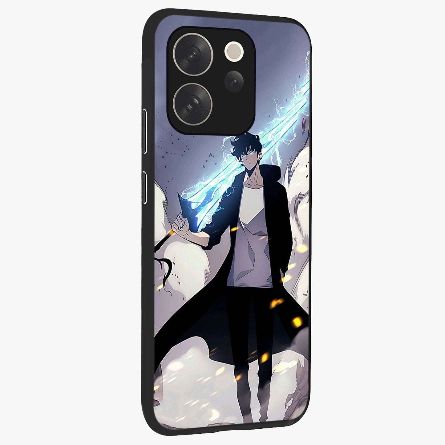 Dark Lightning Anime Warrior Glass Case upright view showcasing dramatic warrior artwork with dark lightning aesthetic.