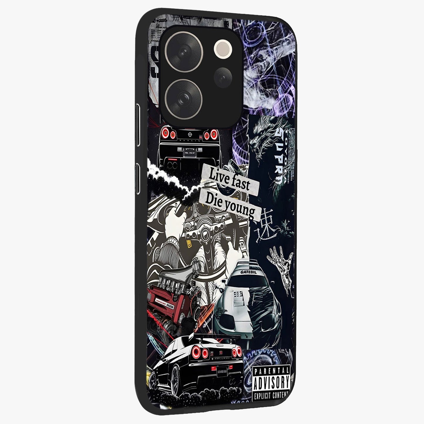 Die Young Glass Case upright view showcasing striking typography artwork with modern statement theme.