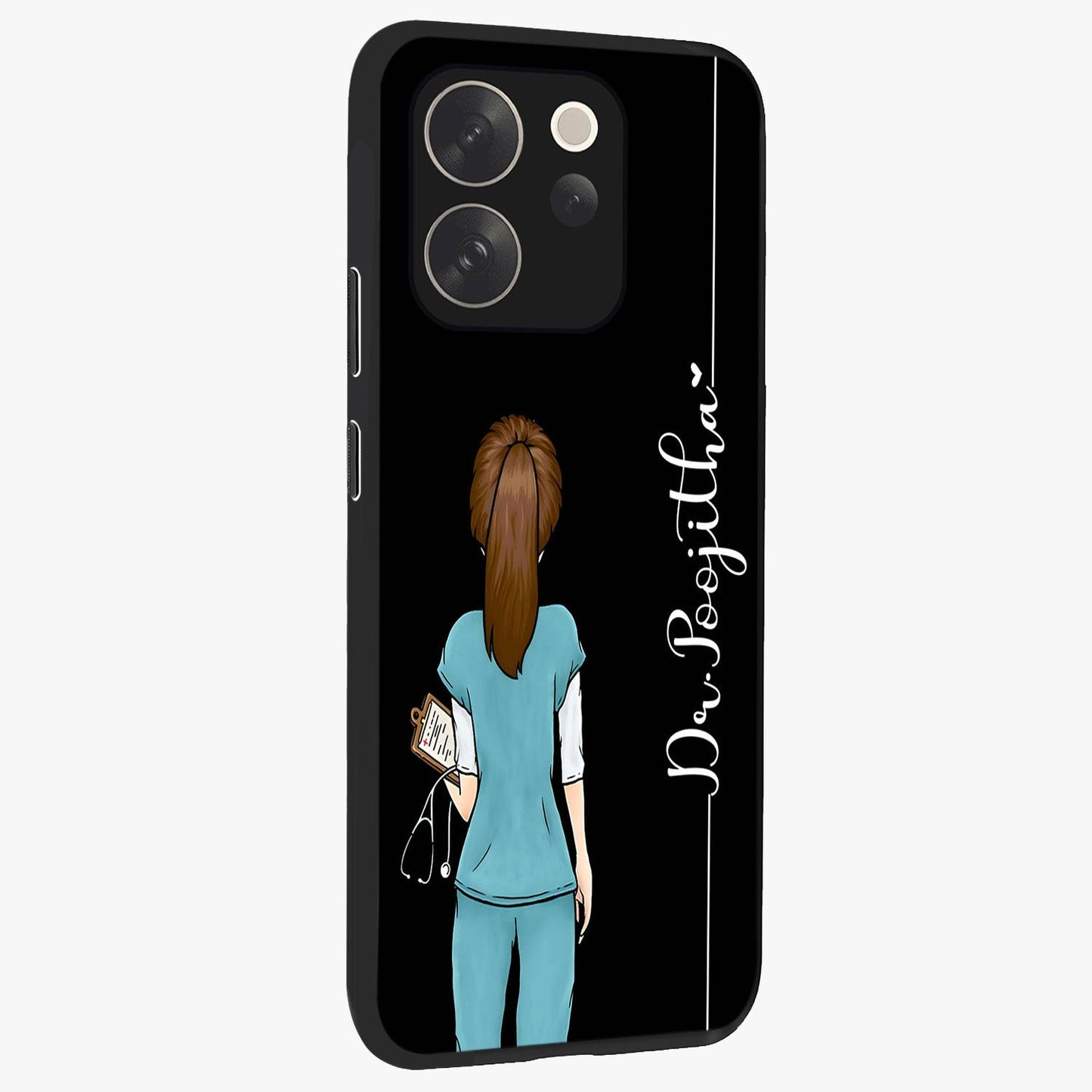 Doctor Pattern Custom Name Glass Case upright view showcasing healthcare themed design with personalized aesthetic.