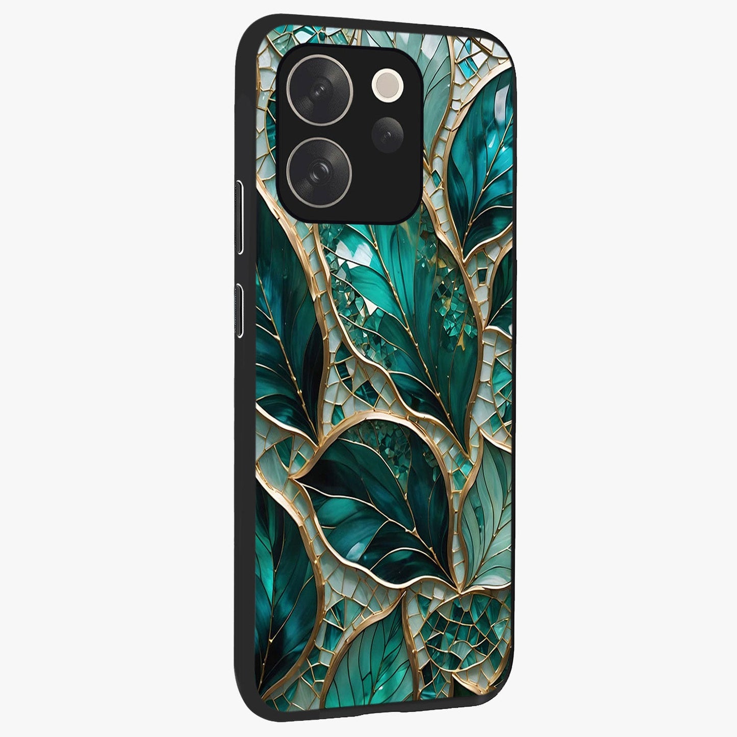 Emerald Leaf Glass Glass Case upright view showcasing fresh green leaf artwork with calming nature inspired style.