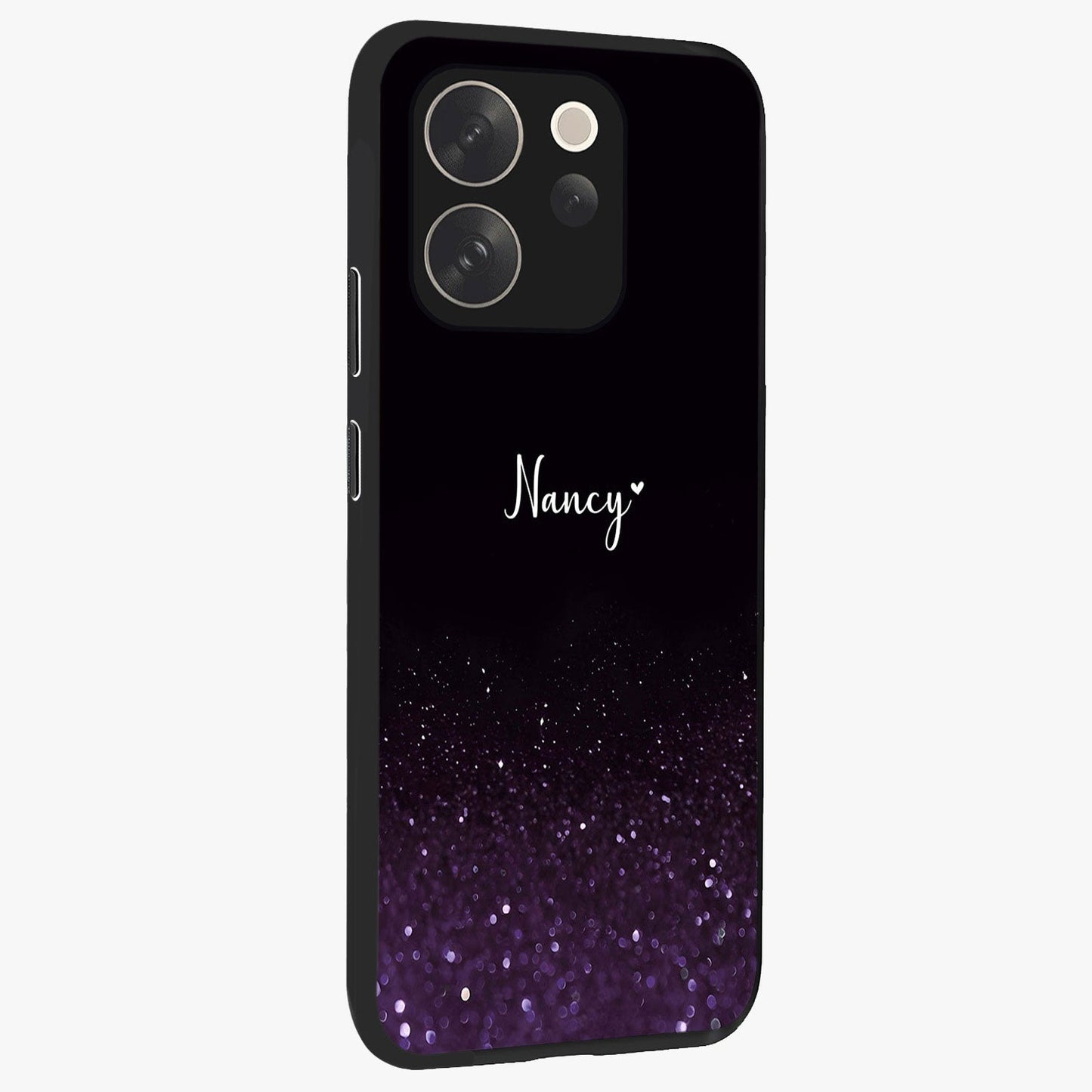 Glittery Purple Bokeh Custom Name Glass Case upright view showcasing vibrant purple sparkle artwork with personalized aesthetic style.
