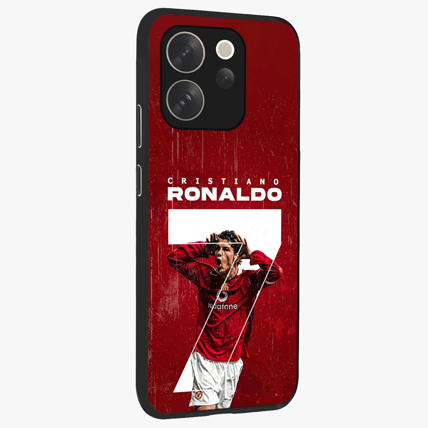 Goal Celebration Legacy Glass Case upright view showcasing dynamic football inspired artwork with victory celebration aesthetic.
