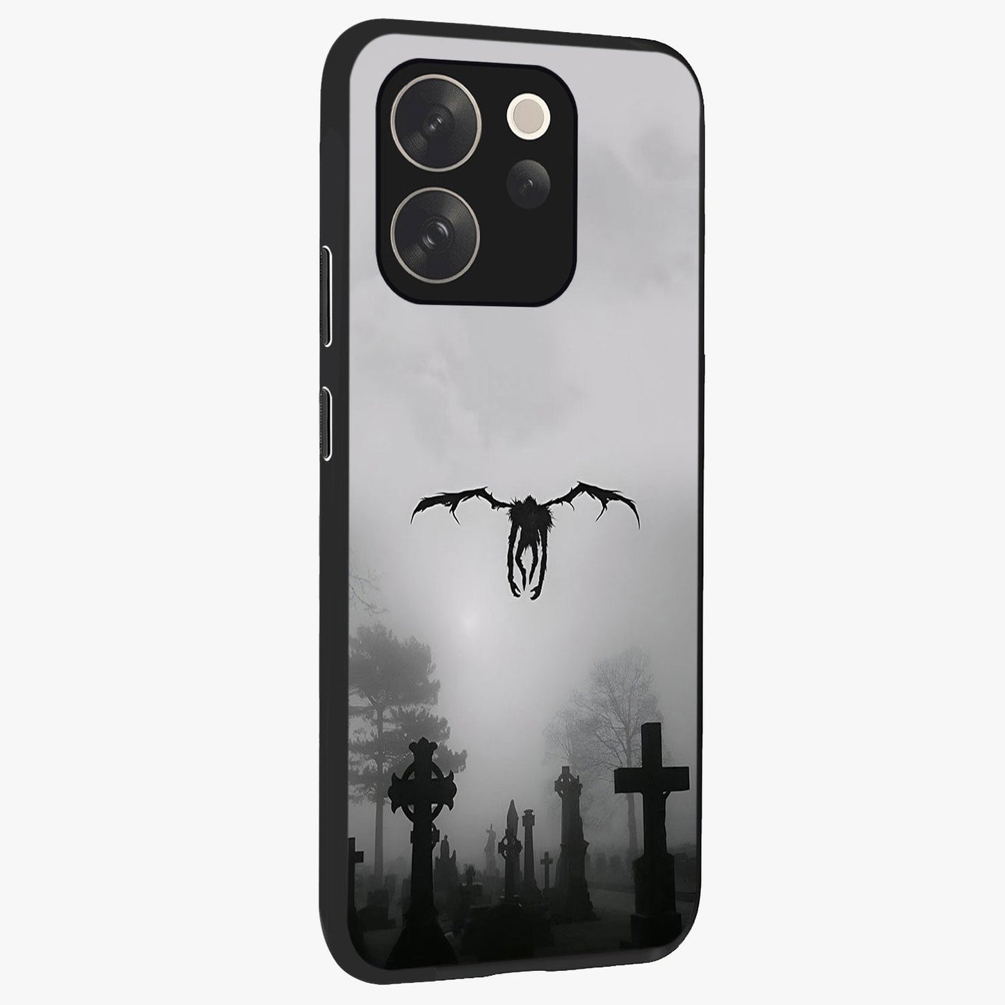 Graveyard Shadow Descent Glass Case upright view showcasing haunting graveyard artwork with dramatic dark theme.