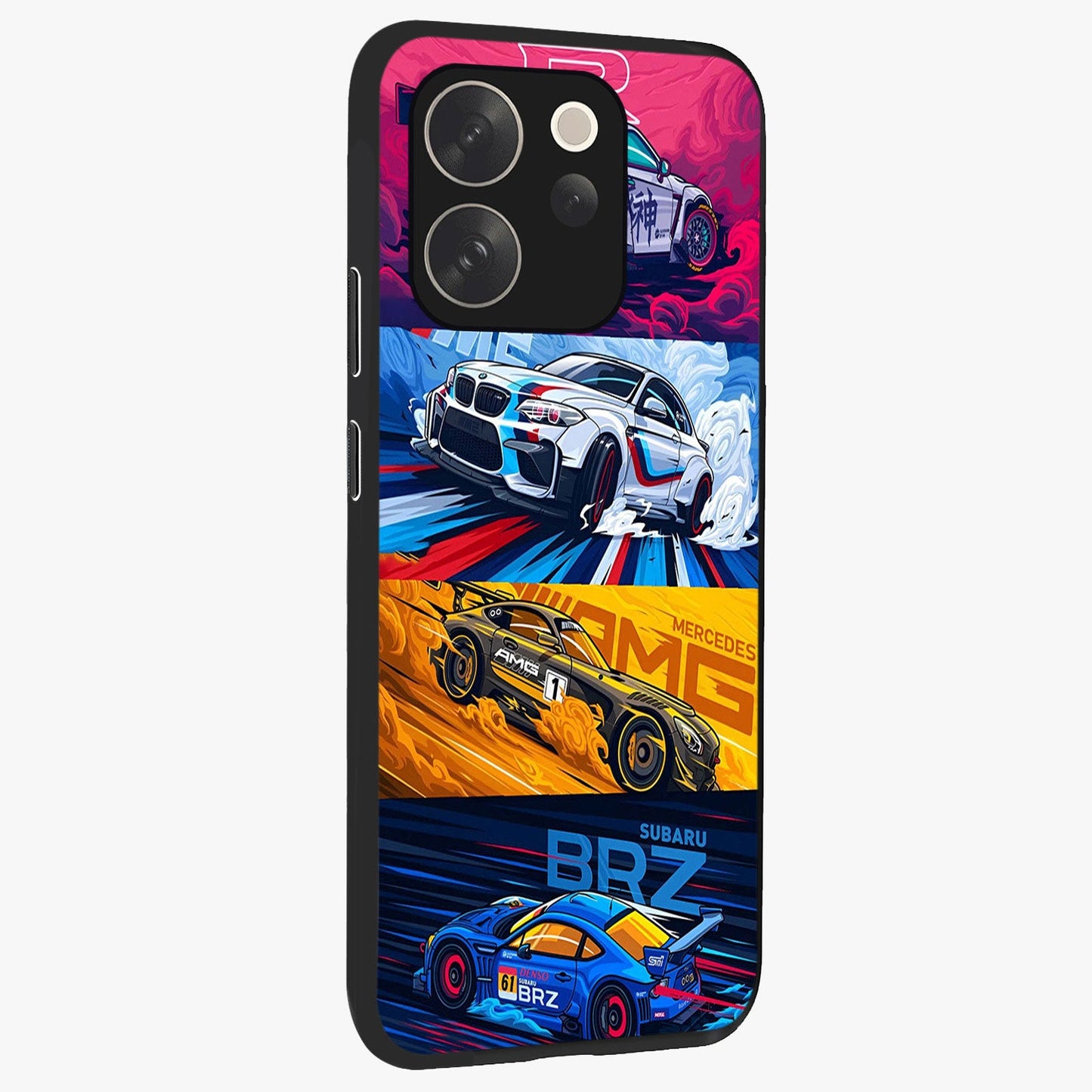 JDM Sports Car Glass Case upright view showcasing dynamic sports car artwork with bold racing theme.