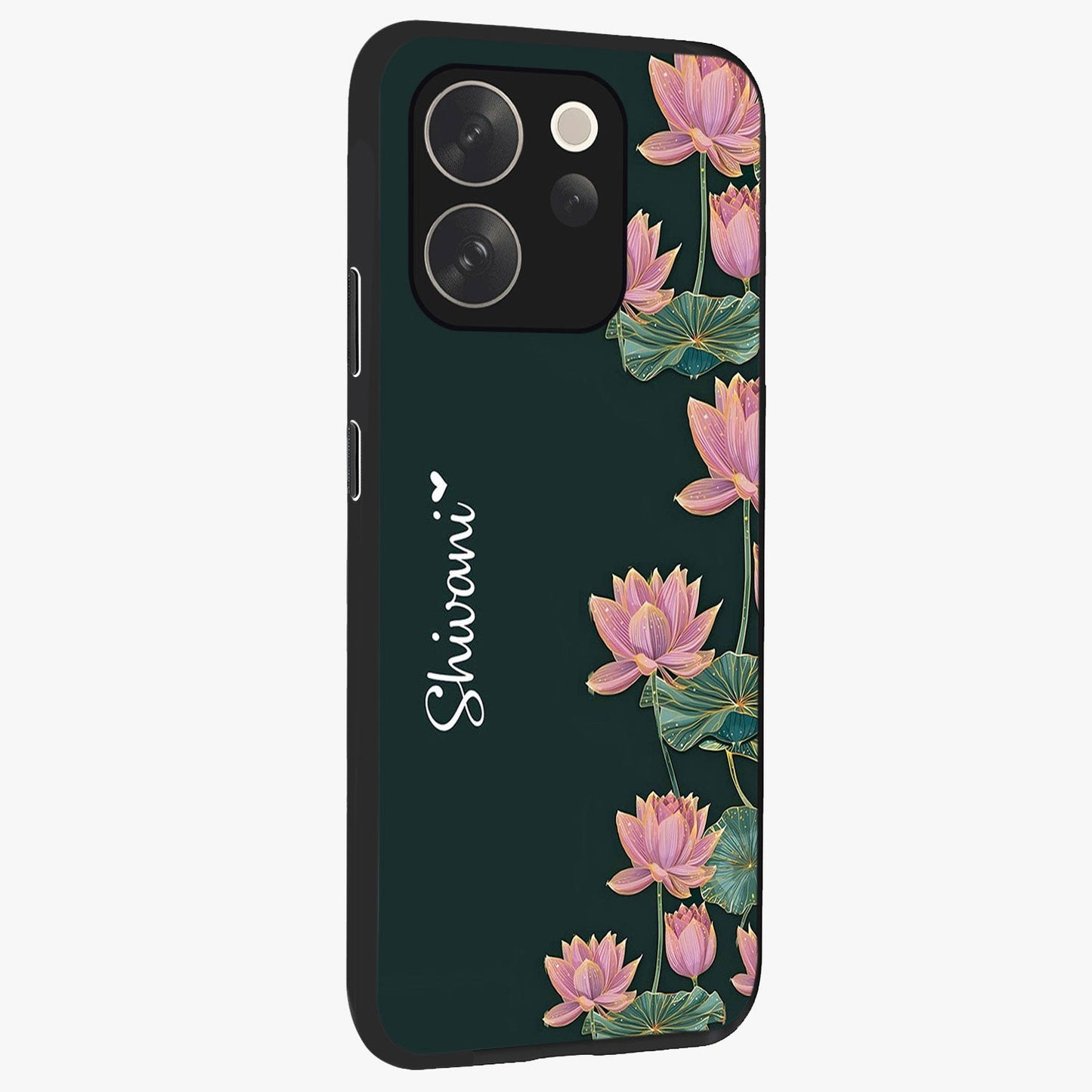 Lotus Bloom Serenity Custom Name Glass Case upright view showcasing serene lotus bloom artwork with personalized floral aesthetic.