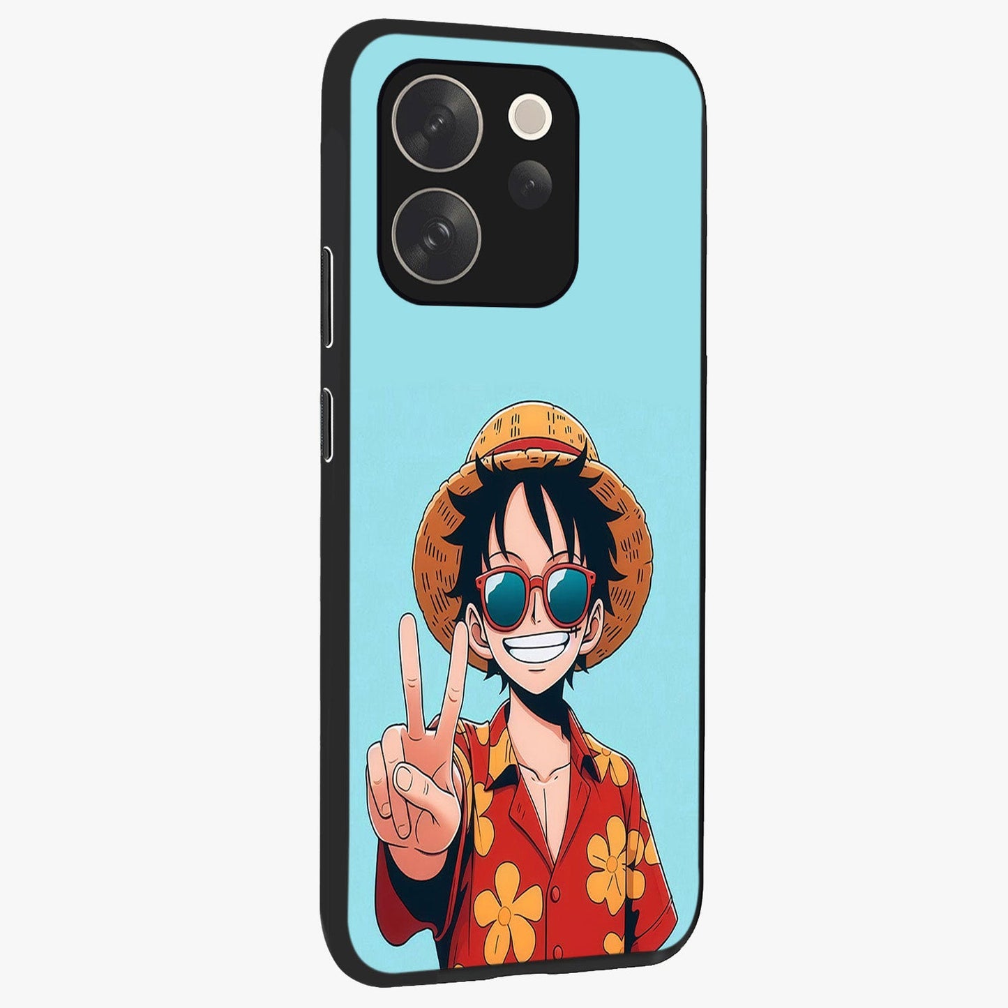 Luffy Summer Anime Vibe Glass Case upright view showcasing dynamic anime artwork with bright adventurous theme.