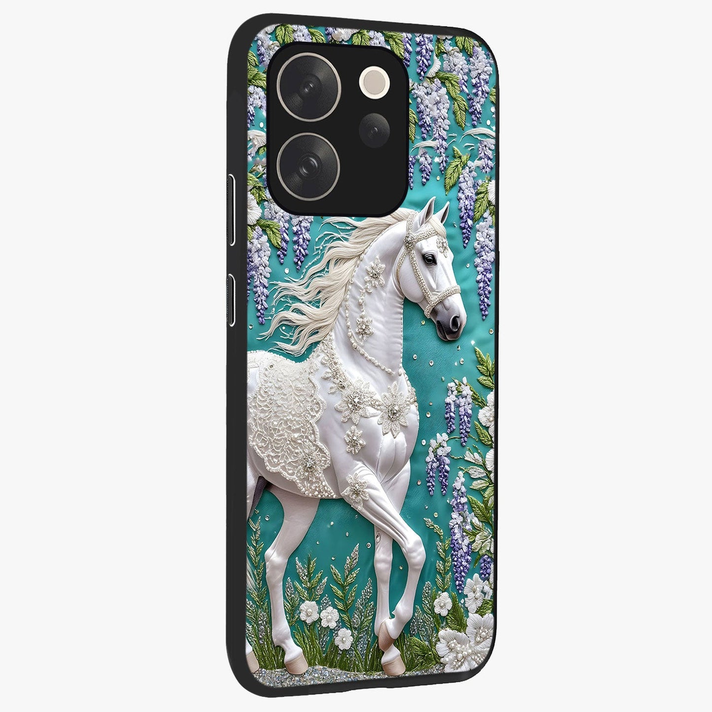 Majestic Floral Stallion Glass Case upright view showcasing dramatic horse artwork with decorative floral theme.