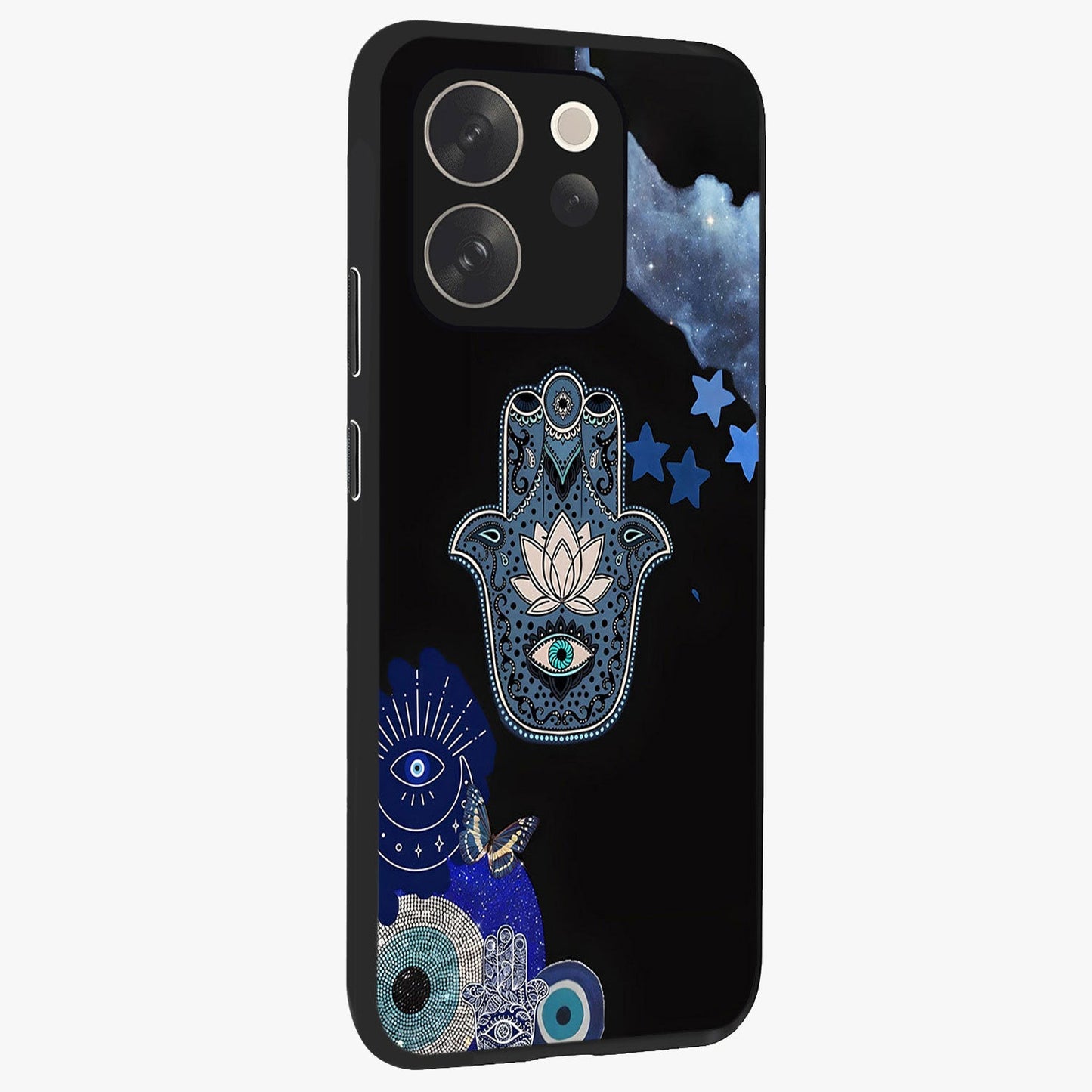 Mystic Hand Aura Glass Case upright view showcasing symbolic hand artwork with mystical energy theme.
