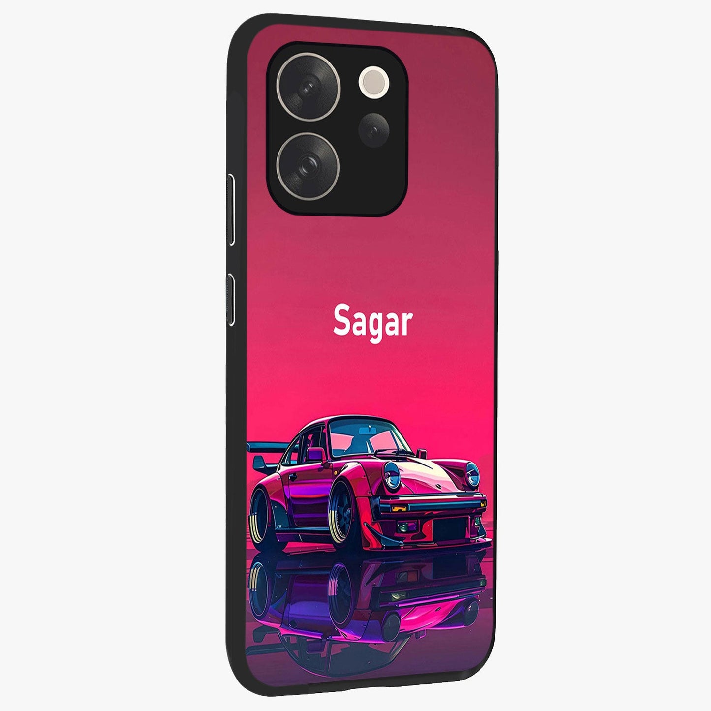 Neon Pink Porsche Glass Case upright view showcasing vibrant sports car artwork with bold automotive theme.