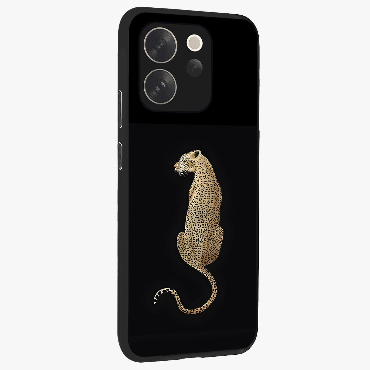 Regal Leopard Glass Case upright view showcasing striking leopard artwork with fierce wildlife theme.